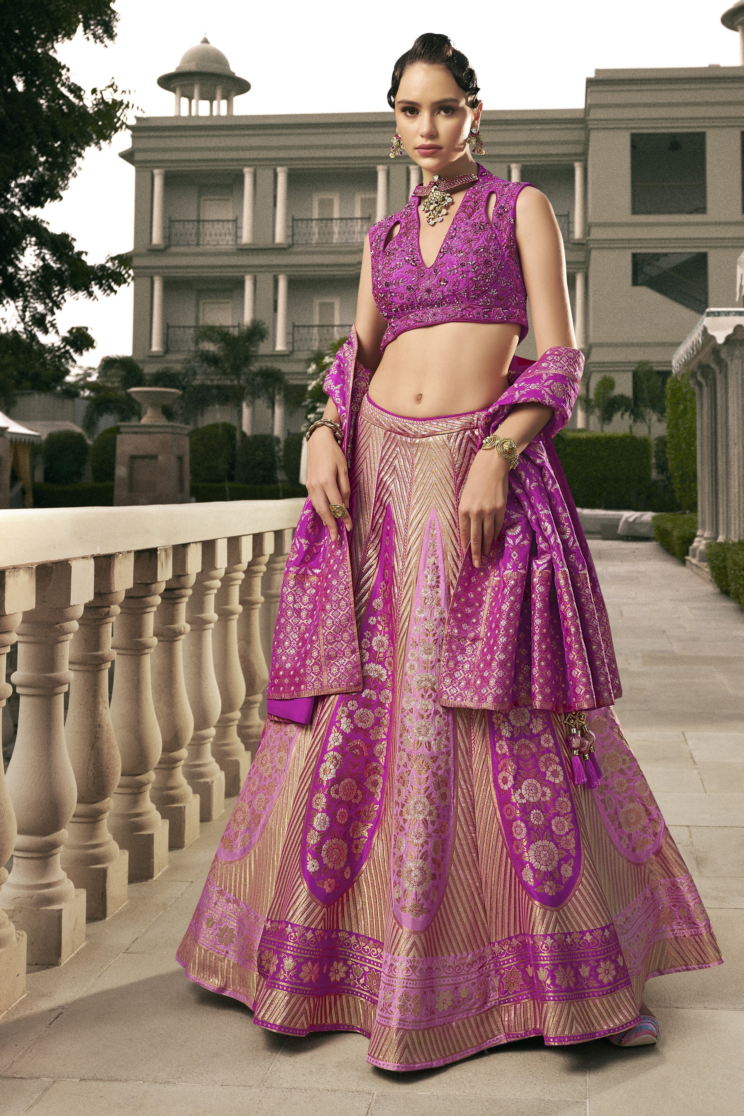 Deep Mauve Embellished Banarasi Silk Lehenga Set