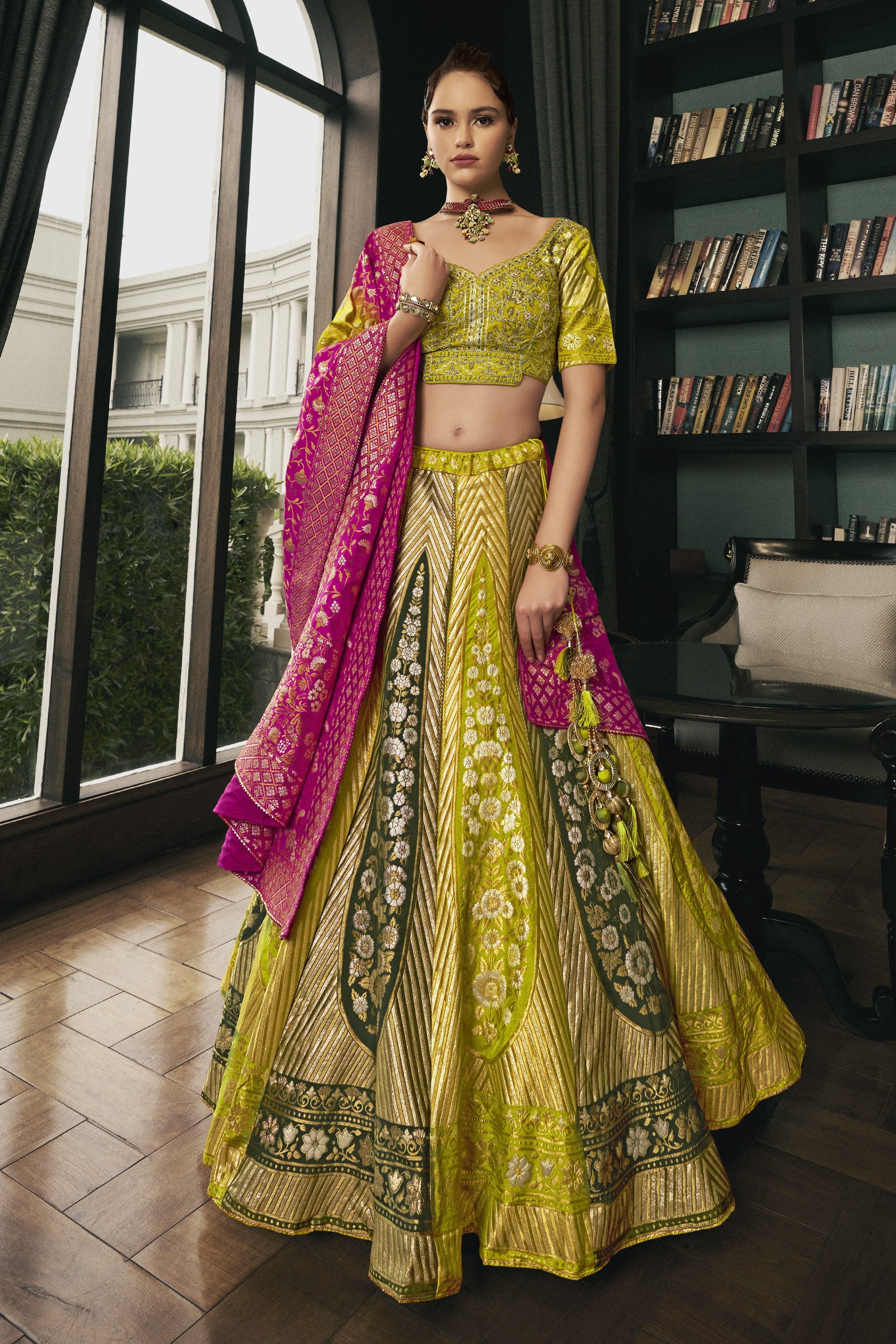 Pear Green Embellished Brocade Silk Lehenga Set