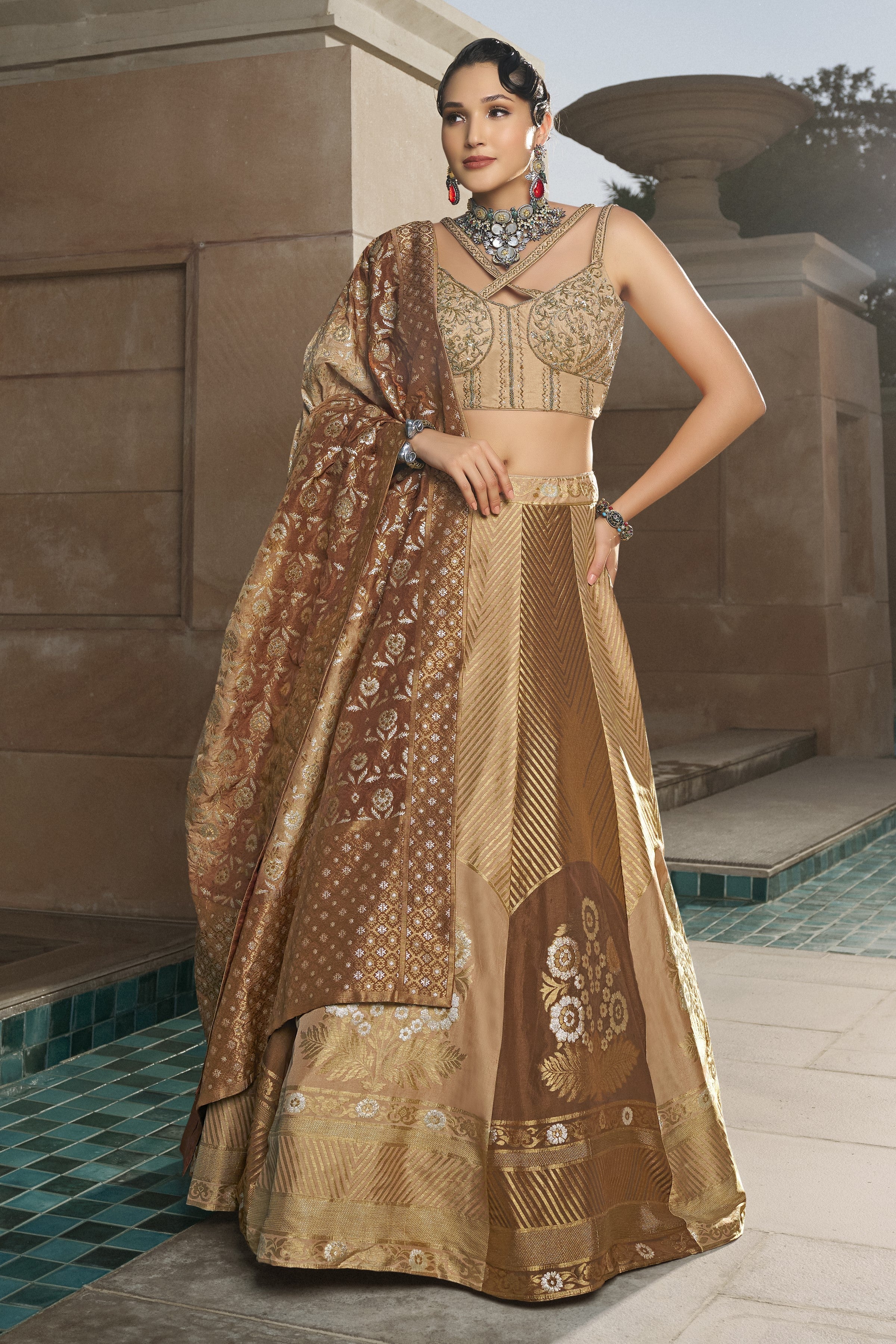 Bronze Embellished Brocade Silk Lehenga Set