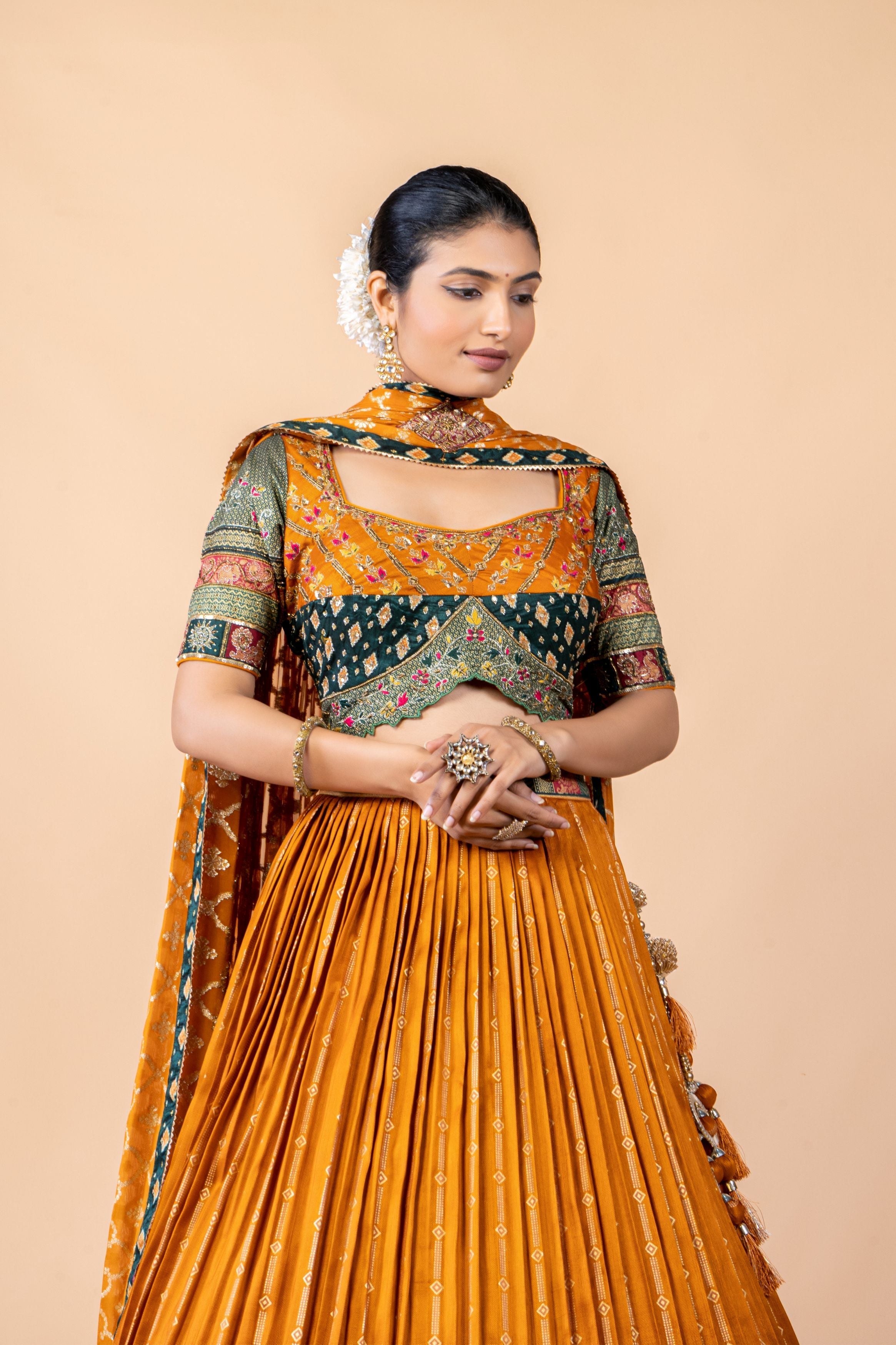 Mustard Embellished Brocade Silk Lehenga Set