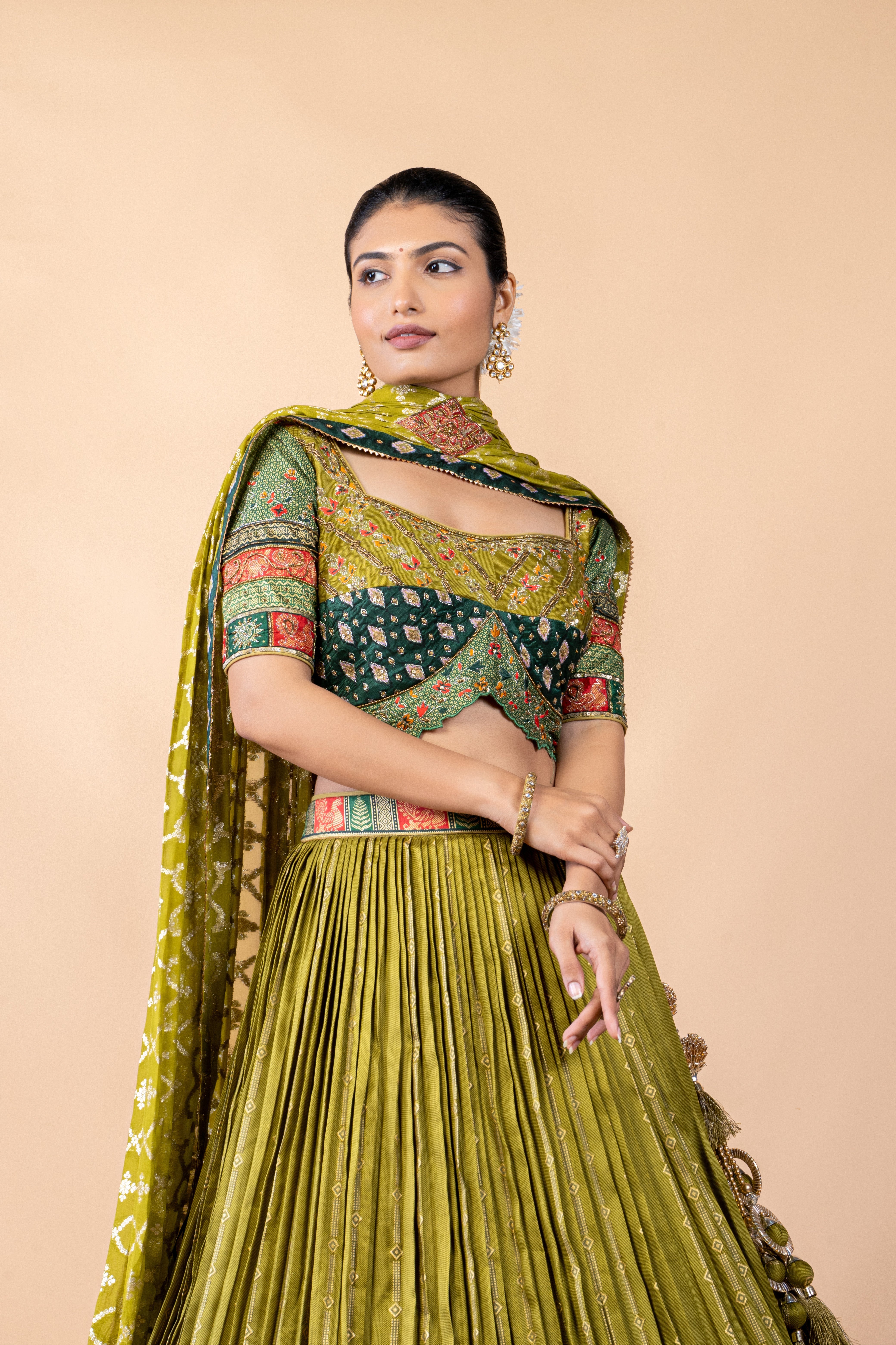 Olive Green Embellished Brocade Silk Lehenga Set