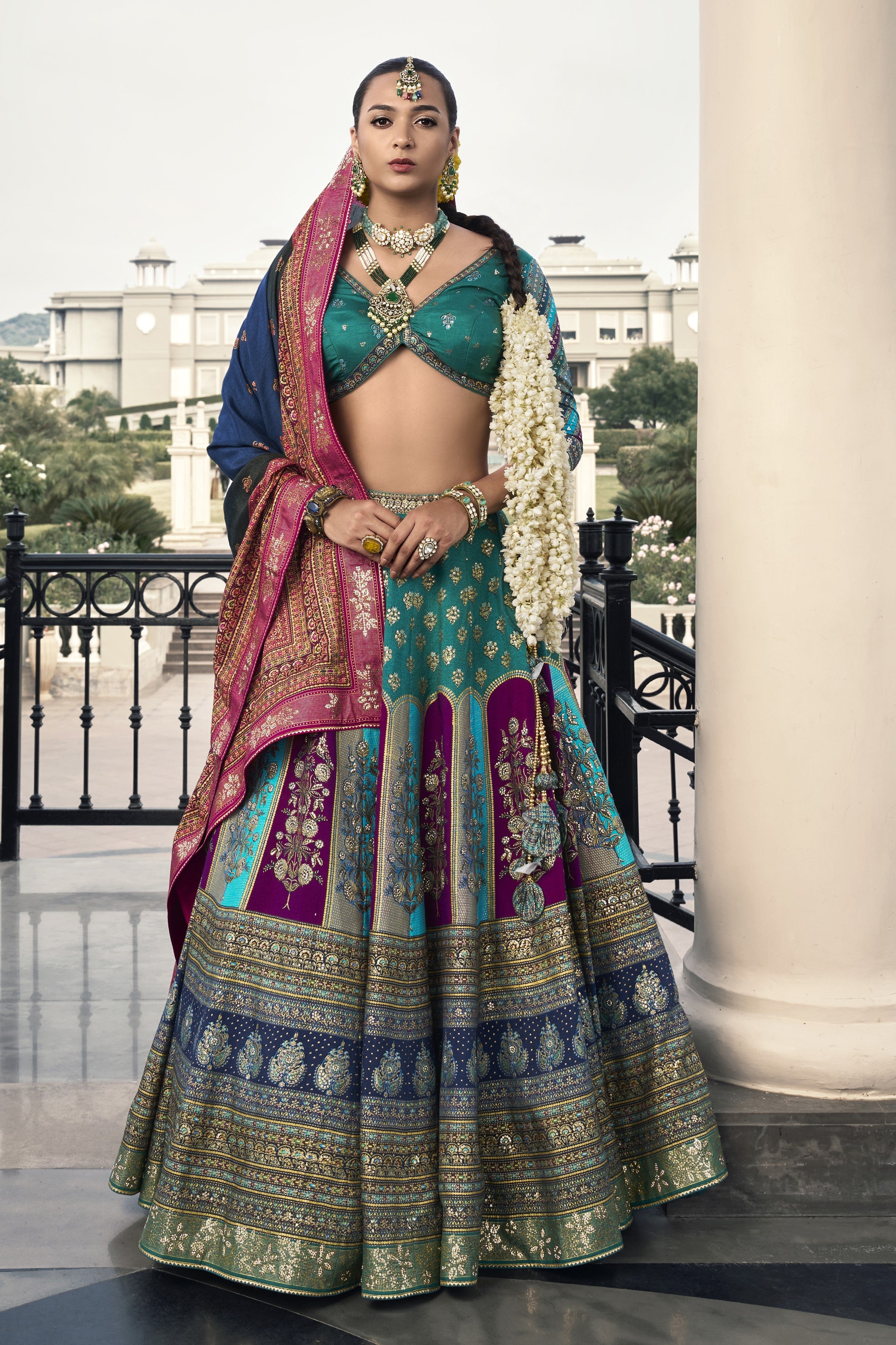 Turquoise Embellished Premium Silk Lehenga Set