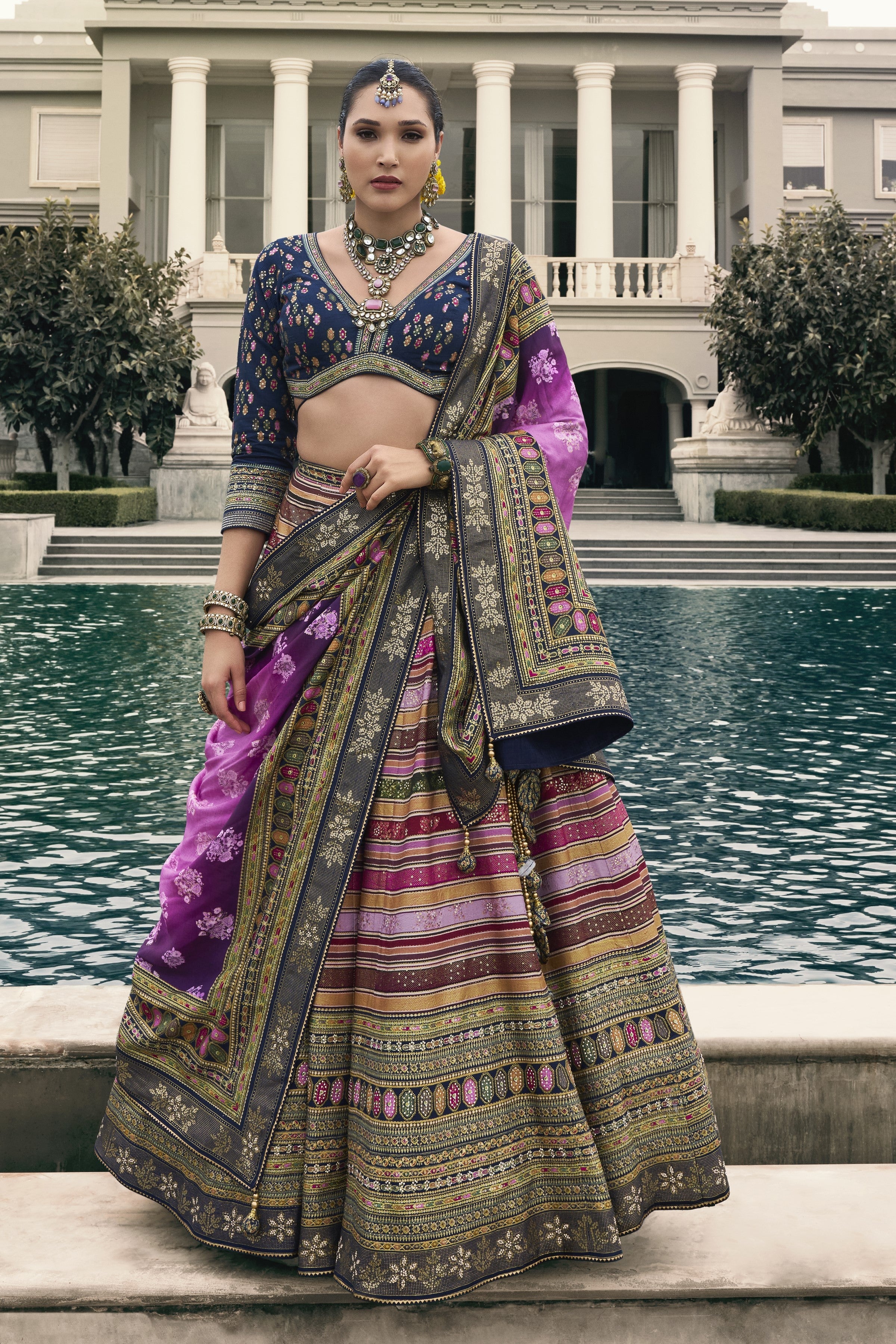 Multicolour Embellished Premium Silk Lehenga Set