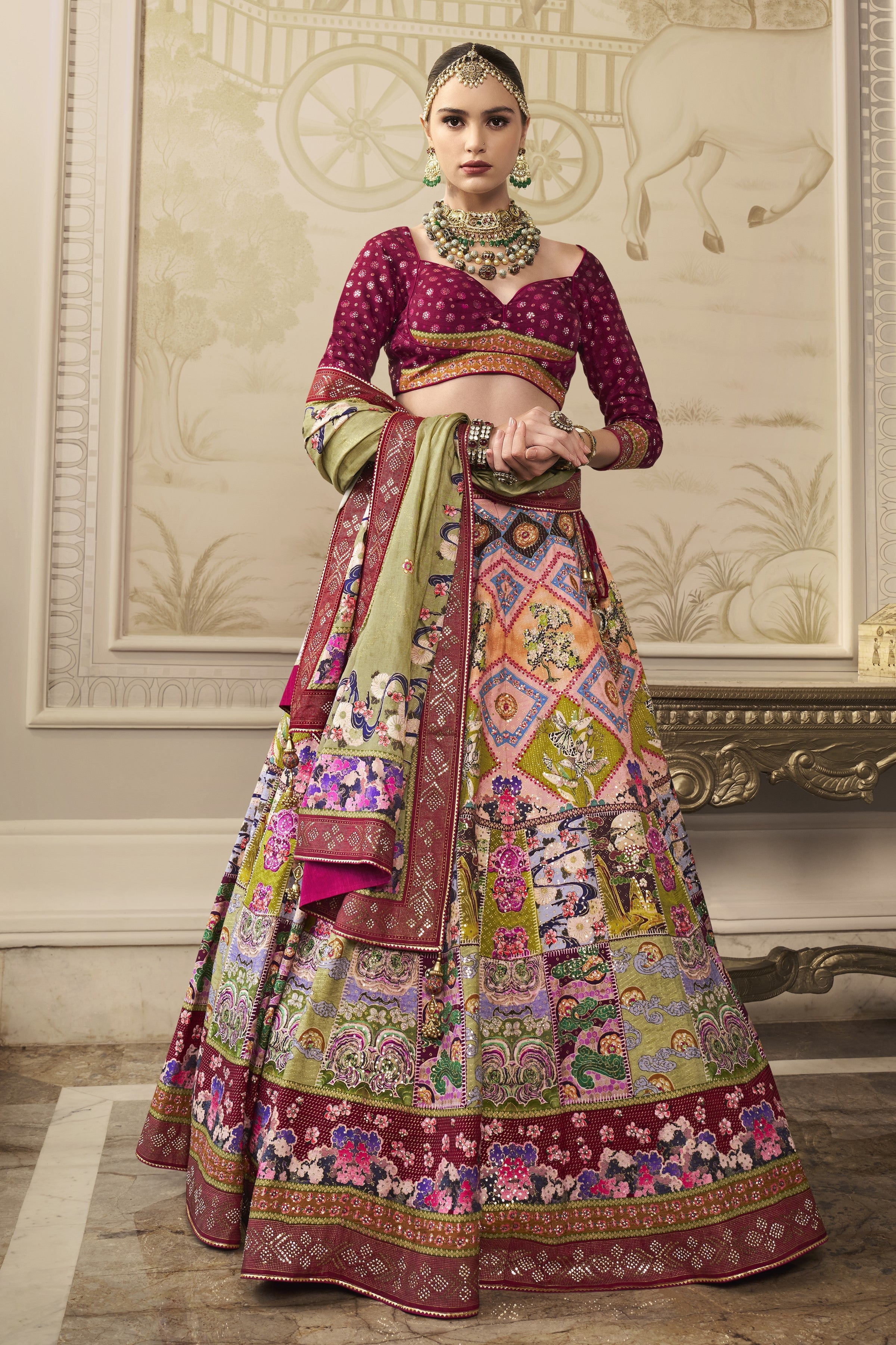 Maroon Traditional Handwork Brocade Silk Lehenga Set