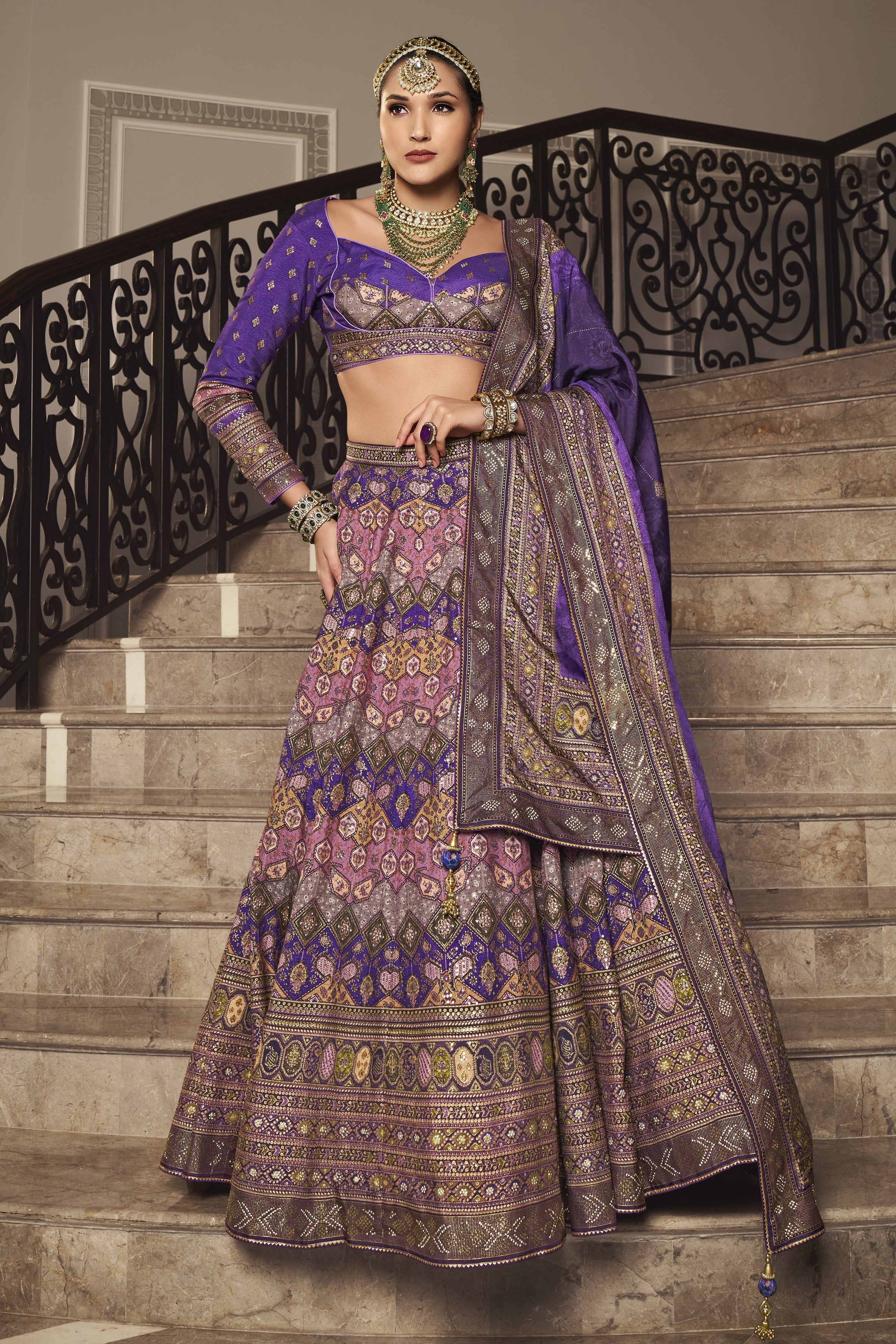 Purple Traditional Handwork Brocade Silk Lehenga Set