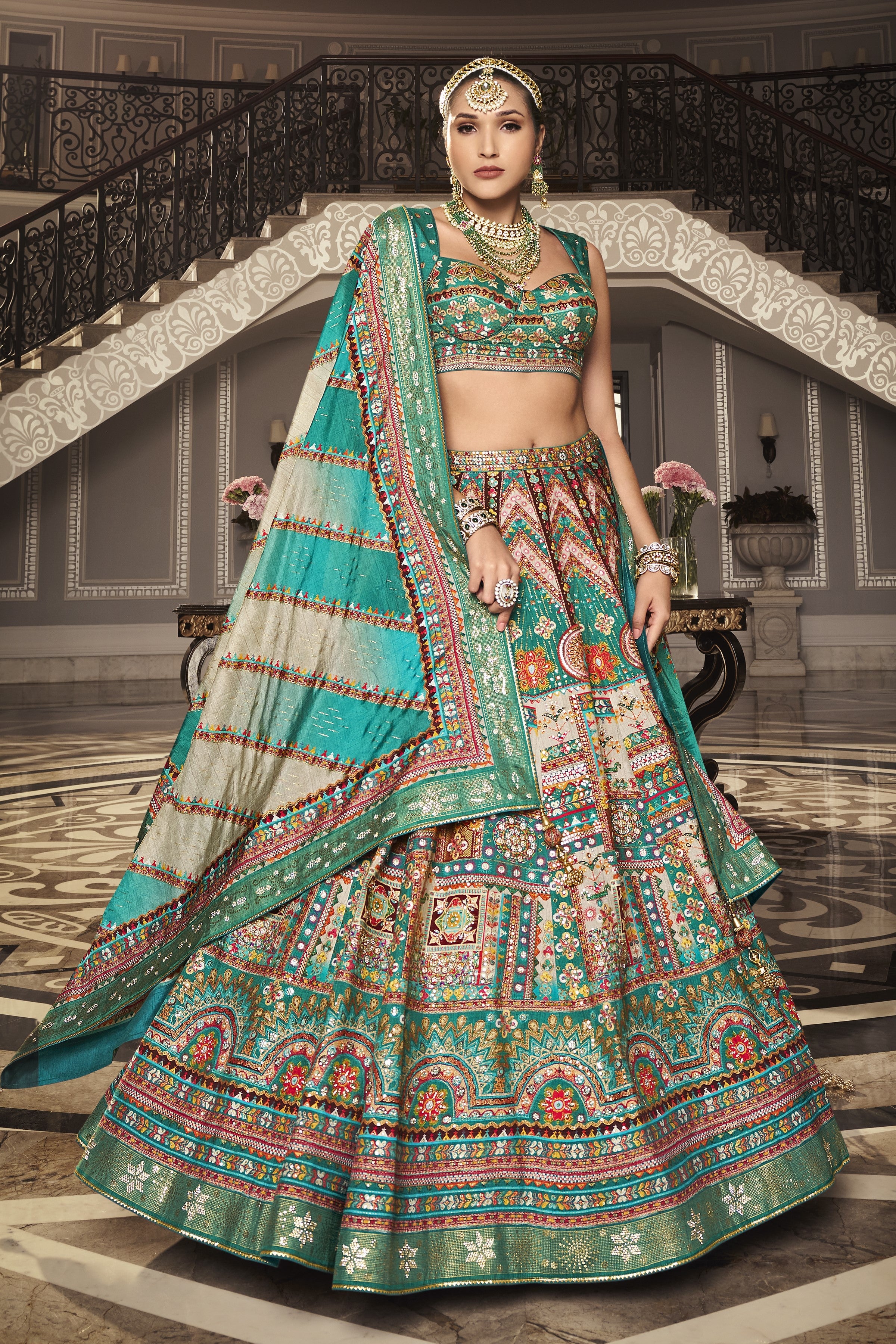 Teal Traditional Handwork Brocade Silk Lehenga Set