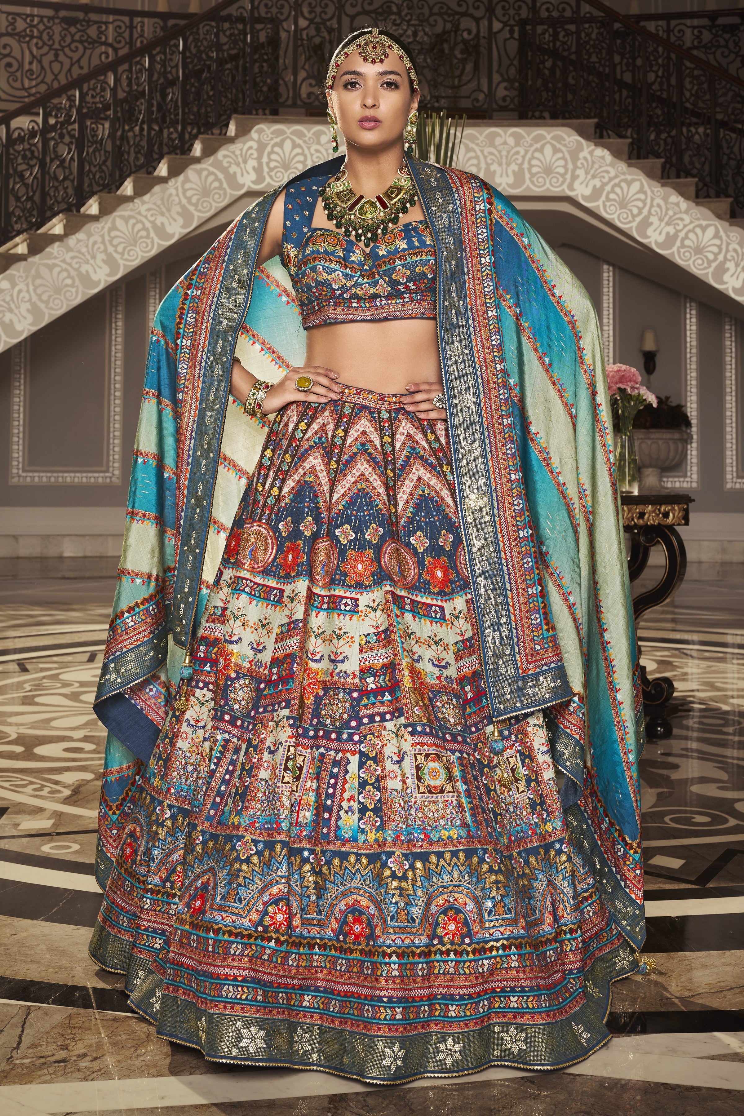 Indigo Blue Traditional Handwork Brocade Silk Lehenga Set