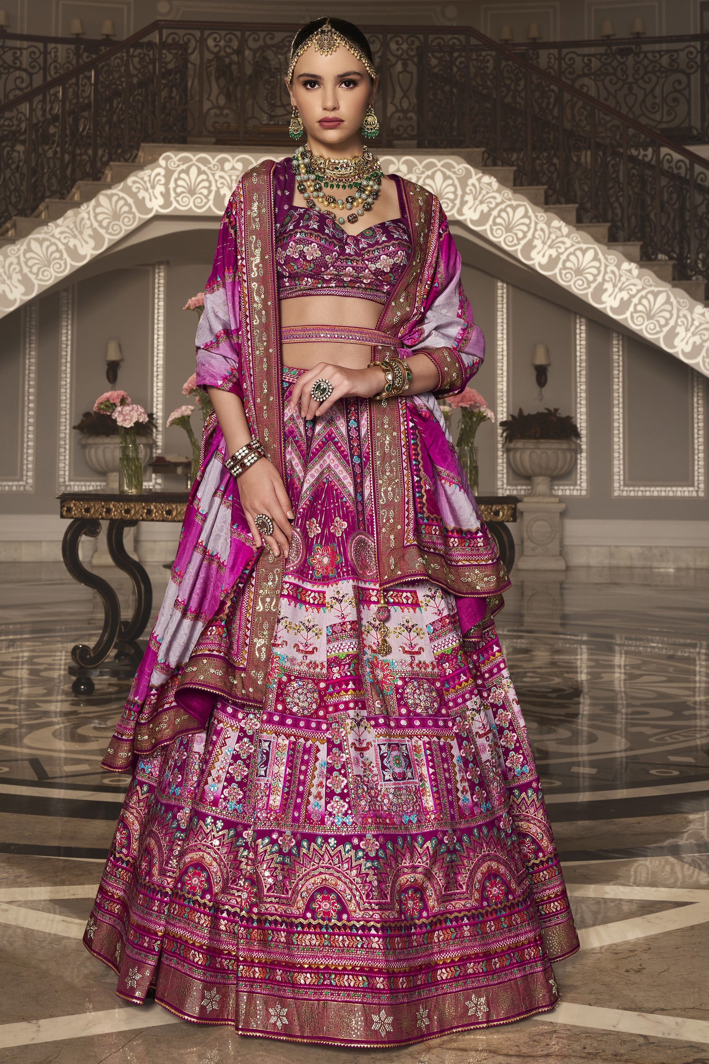 Pink Traditional Handwork Brocade Silk Lehenga Set