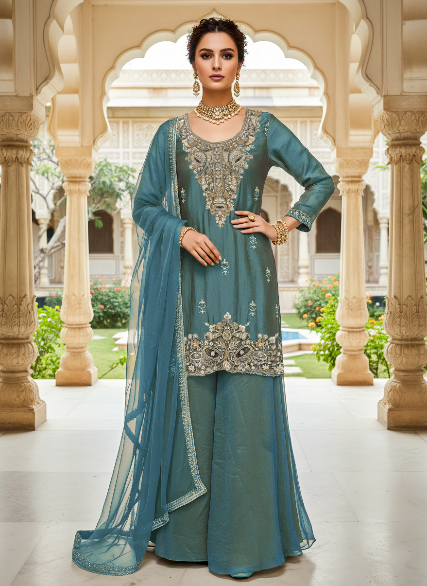 Teal Mist Embellished Shimmer Tissue Silk Palazzo Set