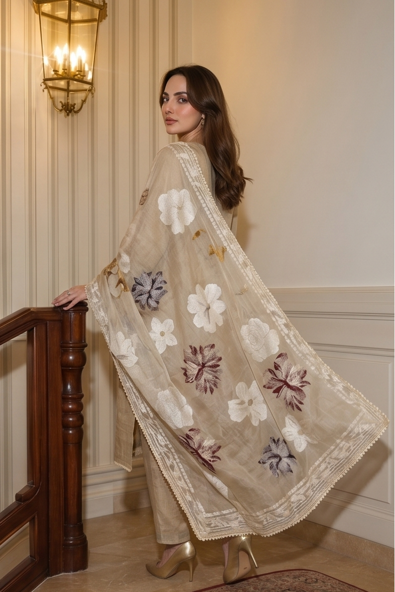 Natural Beige Embellished Cotton Linen Pant Set