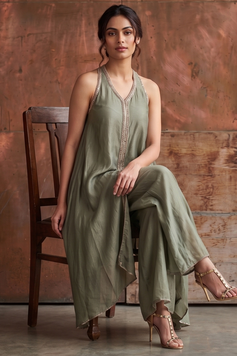Olive Grey Embellished Shimmer Silk Co-ord Set