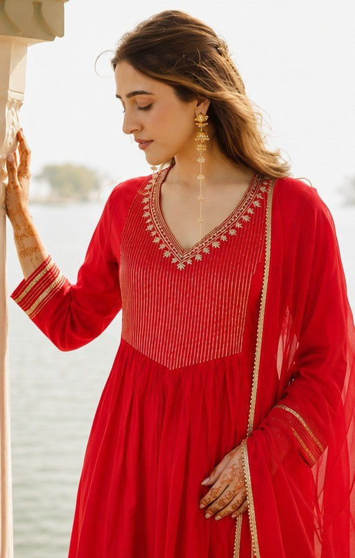 Crimson Red Embellished Mul Chanderi Silk Palazzo Set