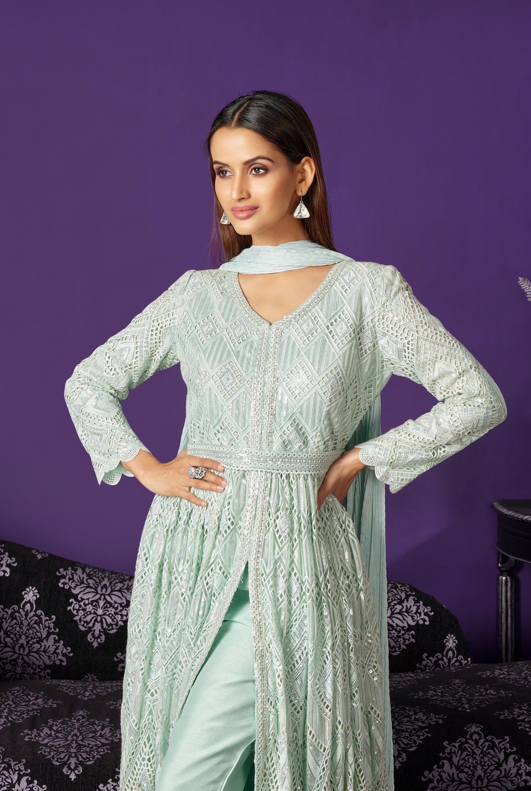 Light Turquoise Embroidered Premium Net Anarkali Set