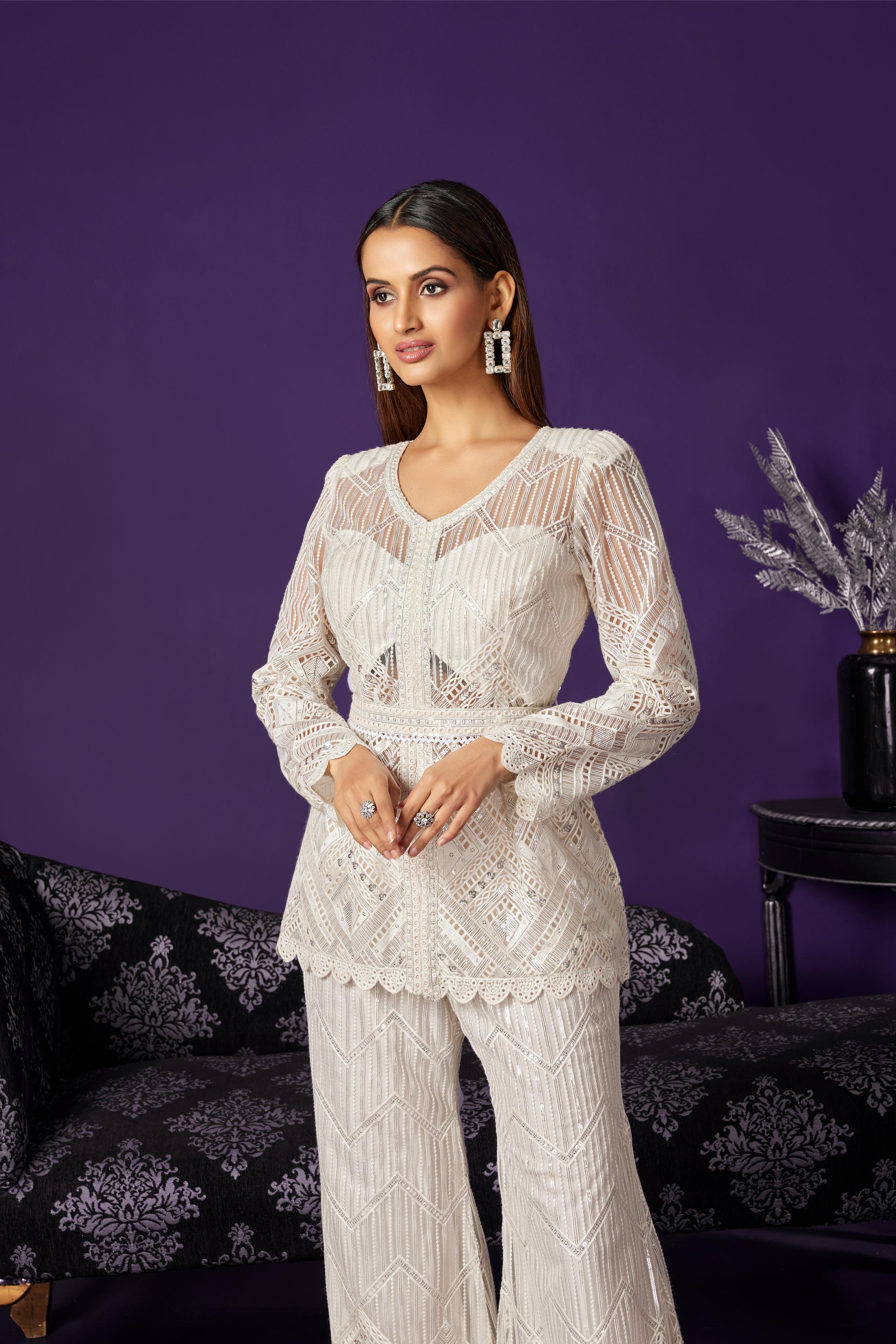 Pearl White Embroidered Premium Net Co-Ord Set