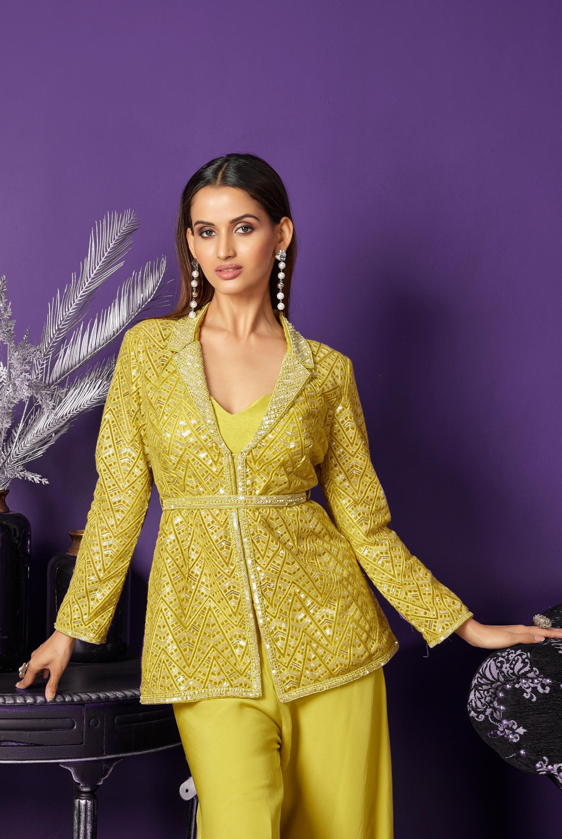 Light Yellow Embroidered Premium Net Co-Ord Set