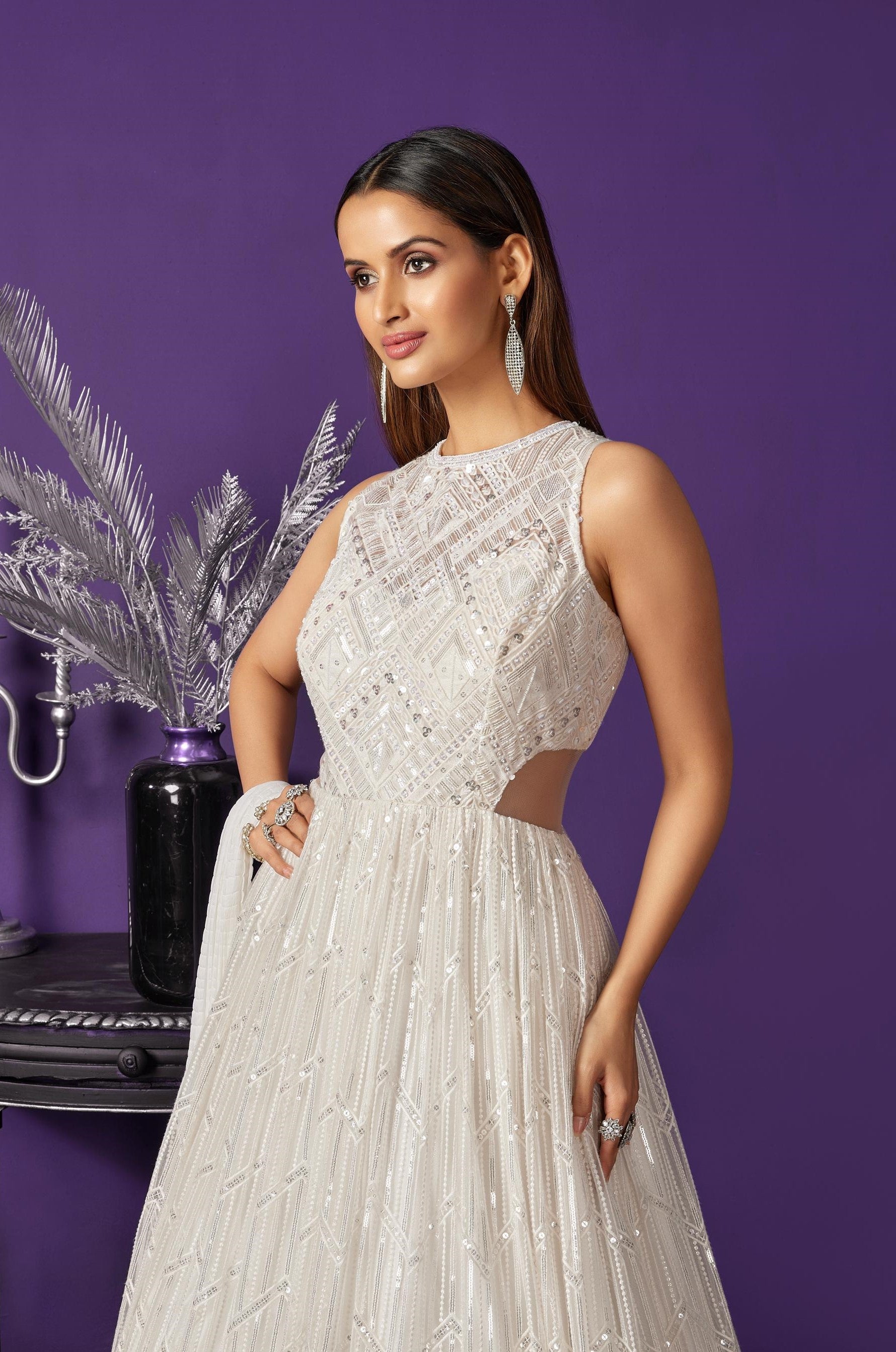 Pearl White Embellished Premium Net Gown