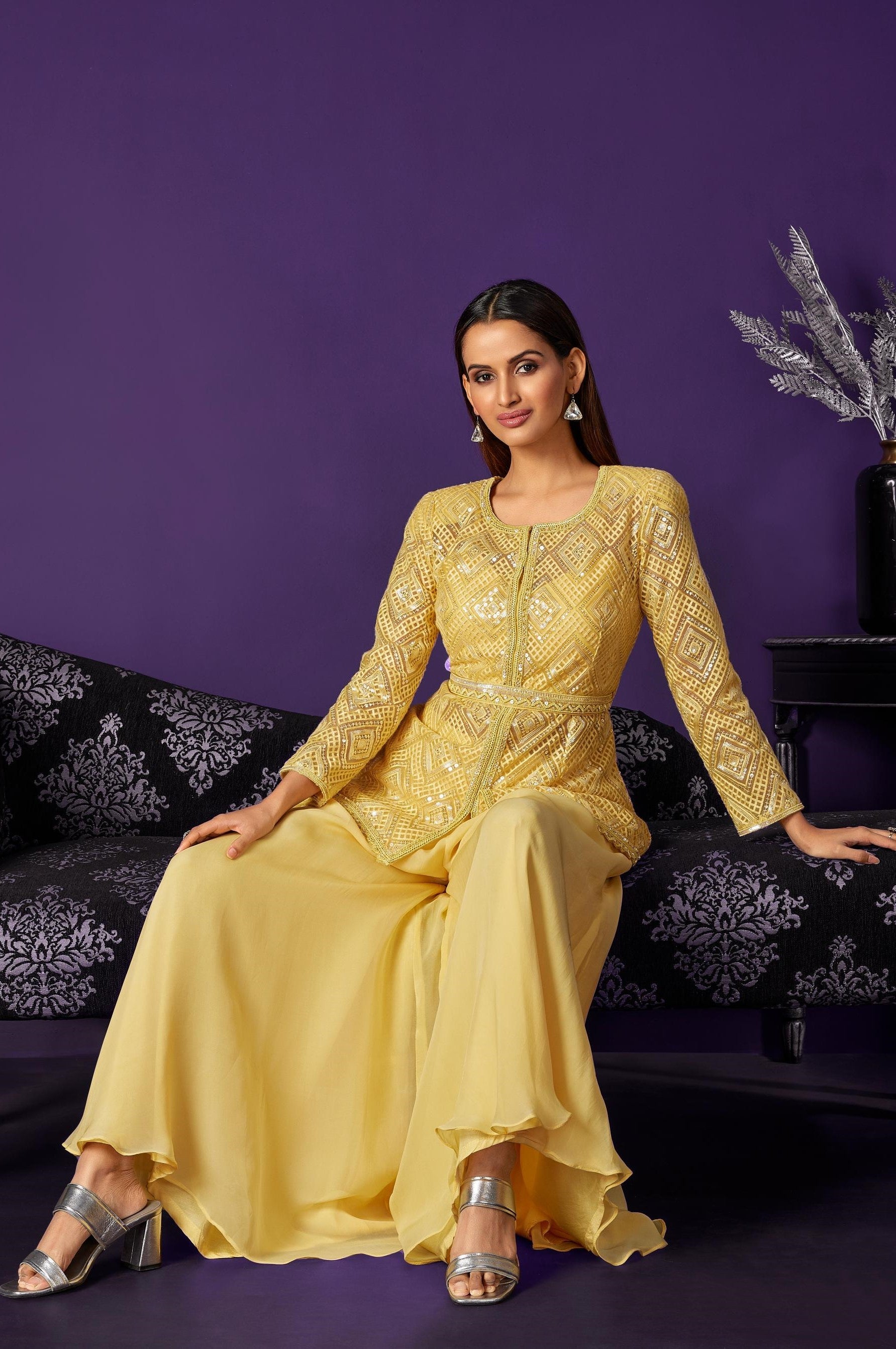 Bright Yellow Embroidered Premium Net Co-Ord Set