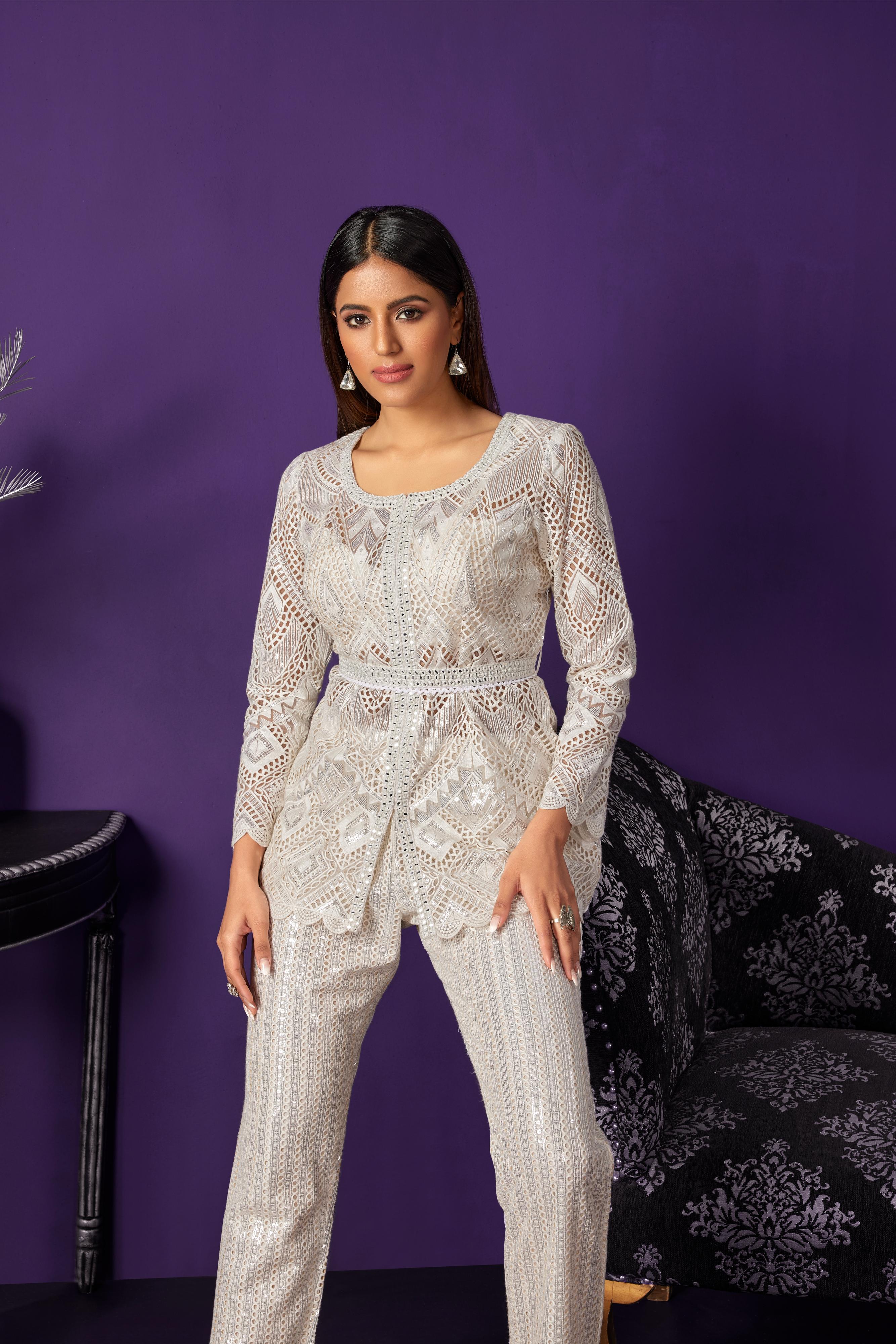 Ivory White Embroidered Premium Net Co-Ord Set