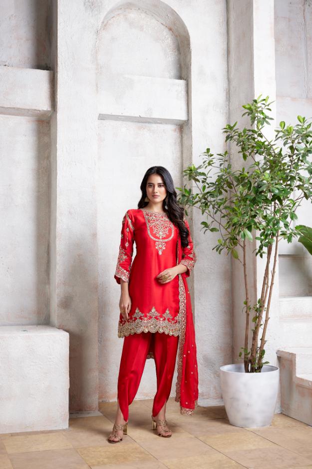 Classic Red Embellished Satin Silk Dhoti Set