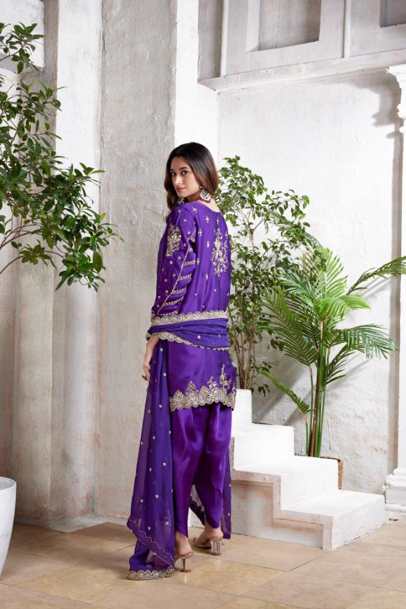 Deep Purple Embellished Satin Silk Dhoti Set