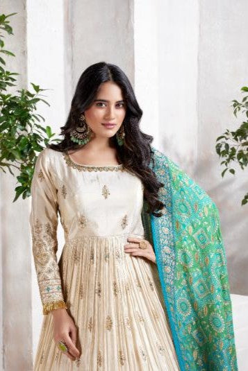 Ivory Gold Embellished Premium Silk Anarkali Set