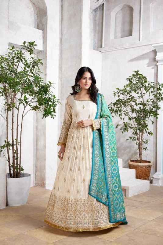 Ivory Gold Embellished Premium Silk Anarkali Set