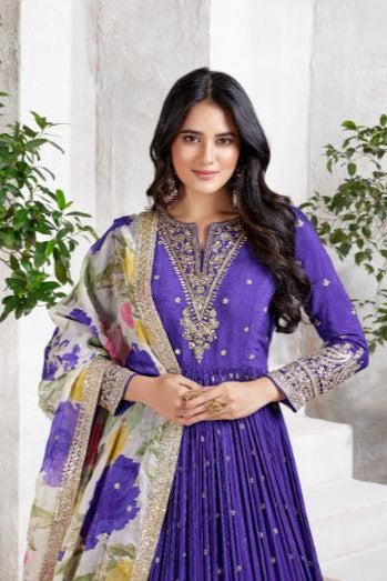 Purple Embellished Premium Silk Anarkali Set