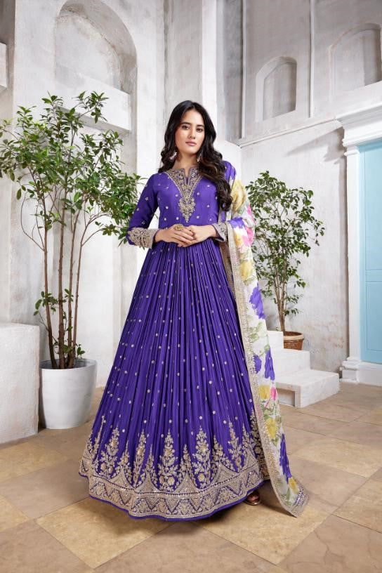 Purple Embellished Premium Silk Anarkali Set