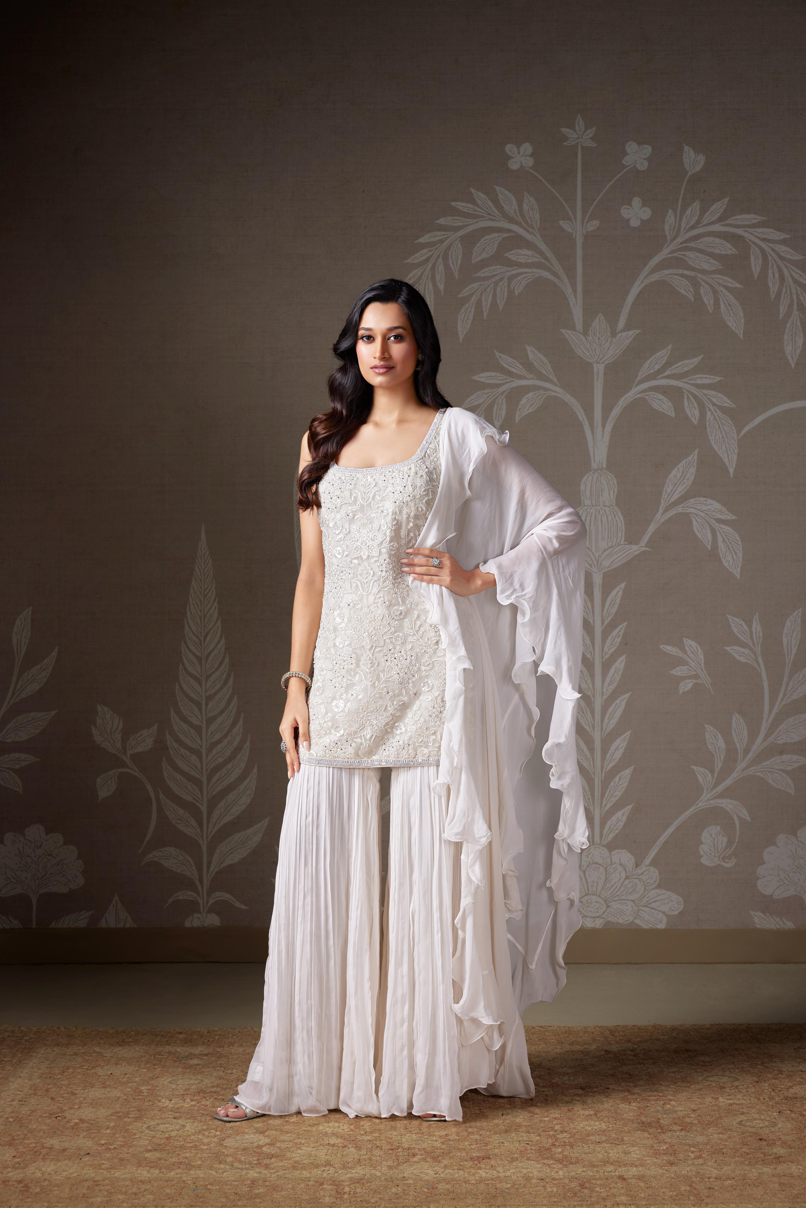 Ivory Chikankari Embroidered Georgette Silk Sharara Set