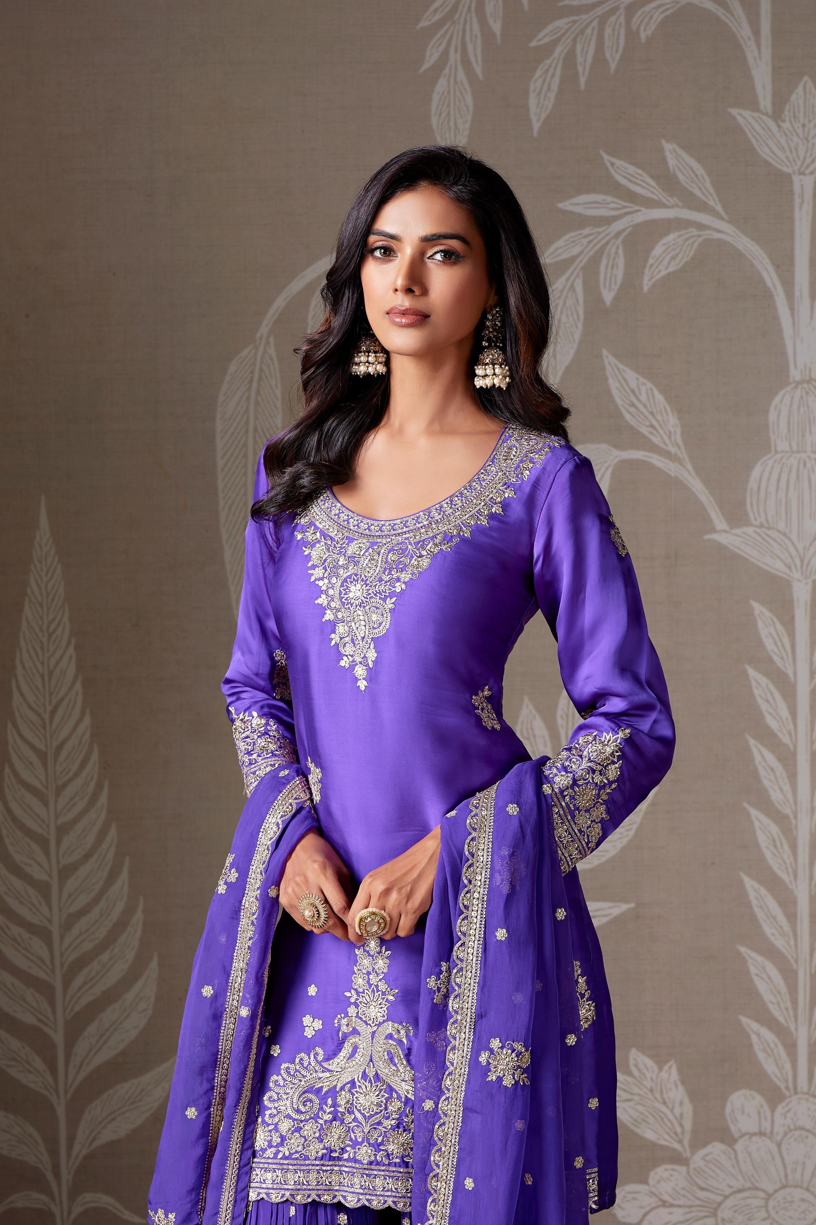Purple Embellished Chinon Silk Sharara Set