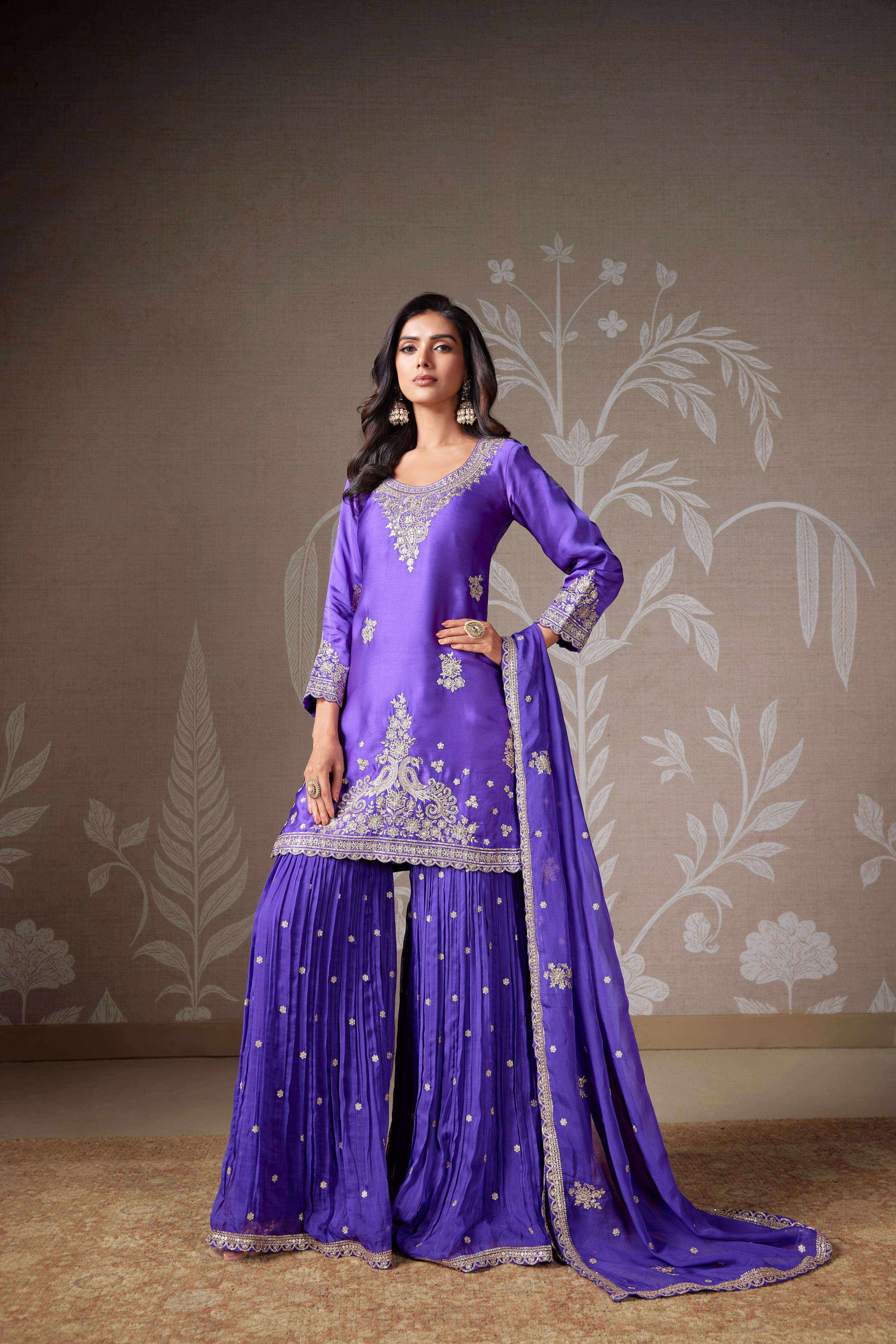 Purple Embellished Chinon Silk Sharara Set