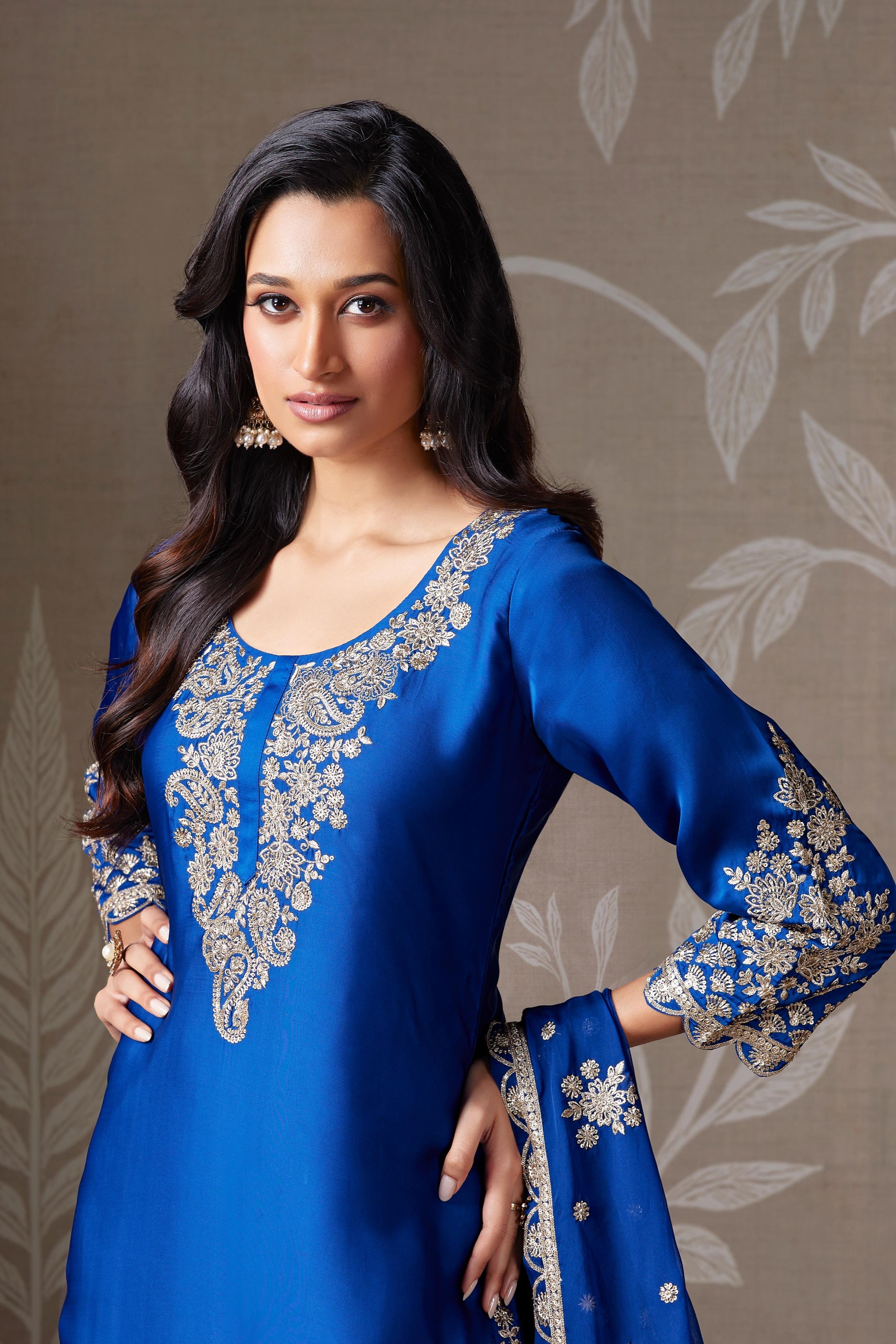 Royal Blue Zari Embellished Chinon Silk Sharara Set