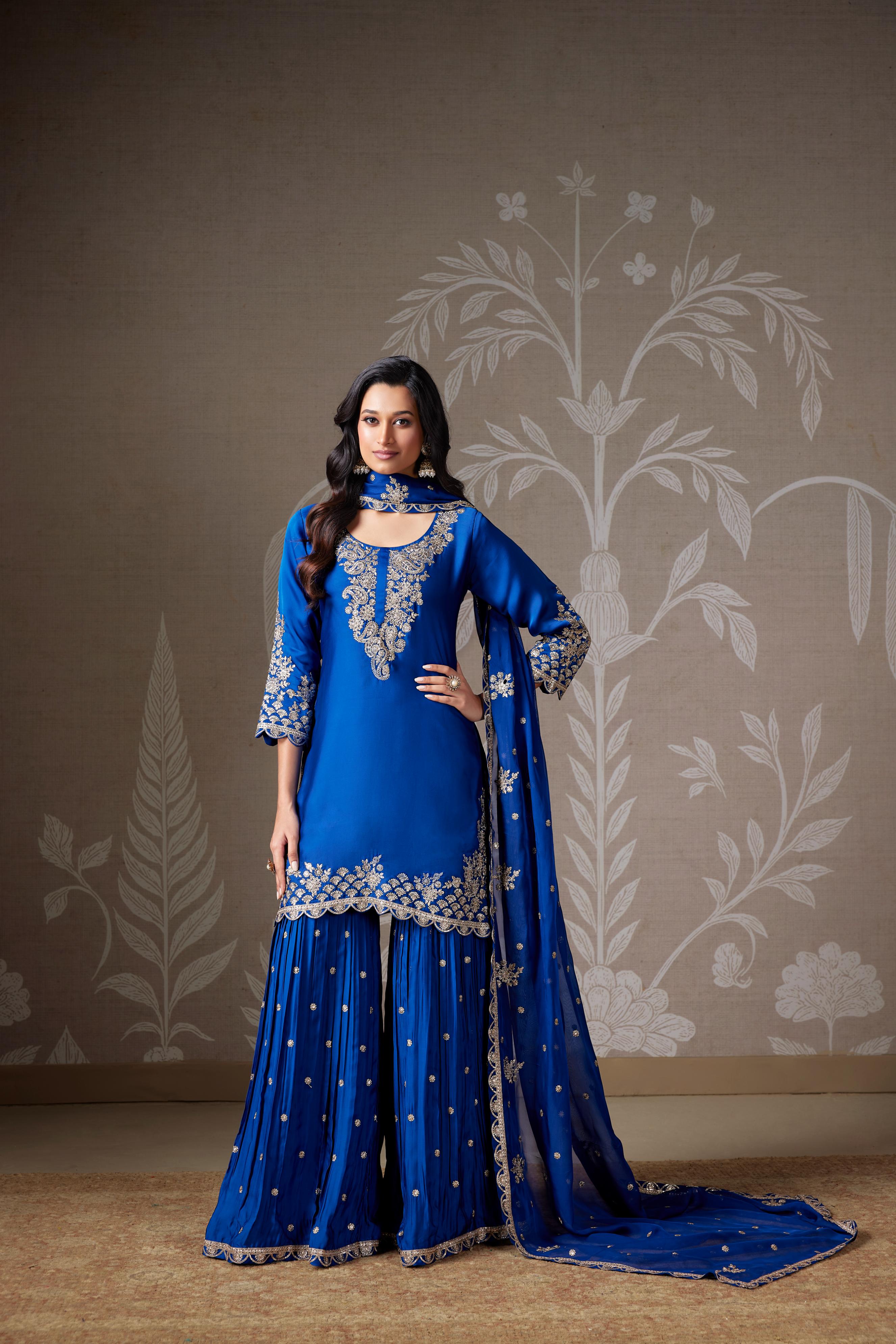Royal Blue Zari Embellished Chinon Silk Sharara Set