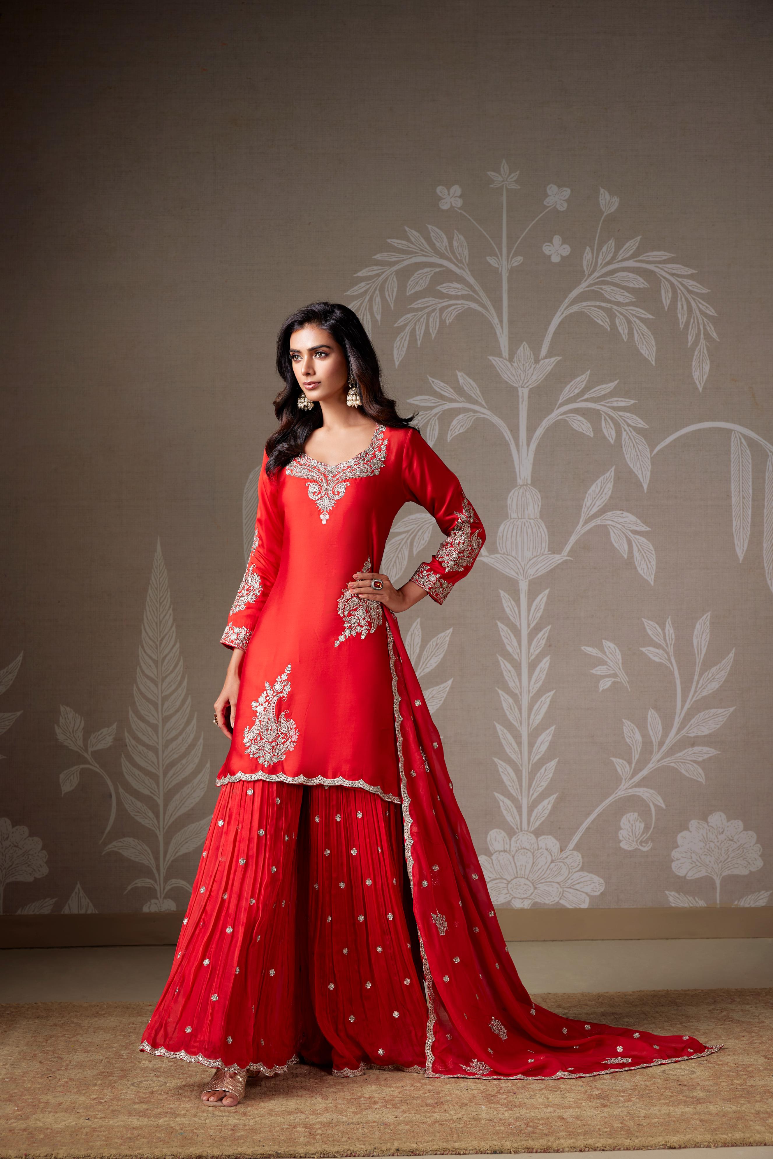 Crimson Zari Embellished Chinon Silk Sharara Set