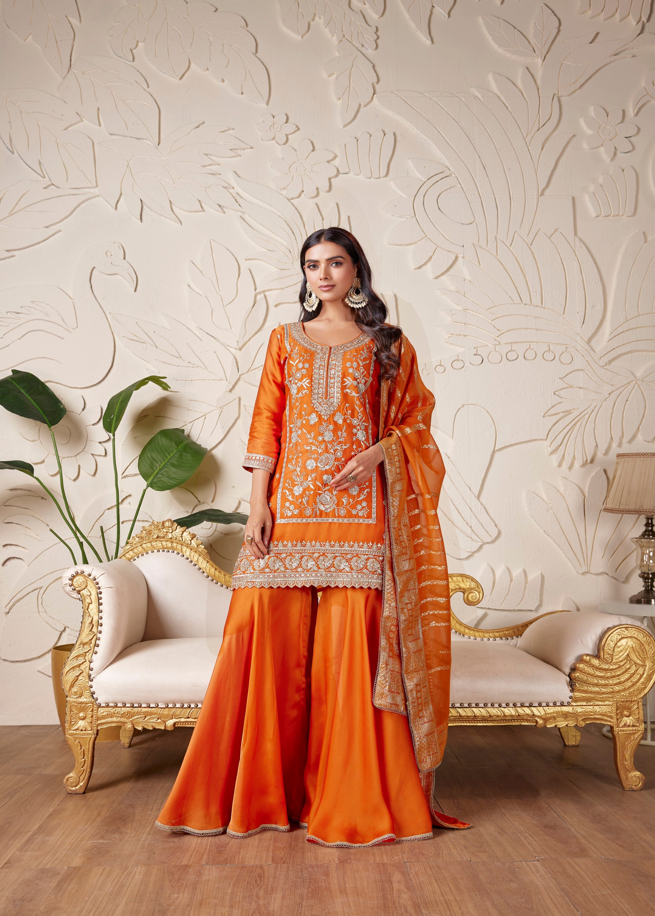 Vibrant Orange Embellished Premium Silk Palazzo Set