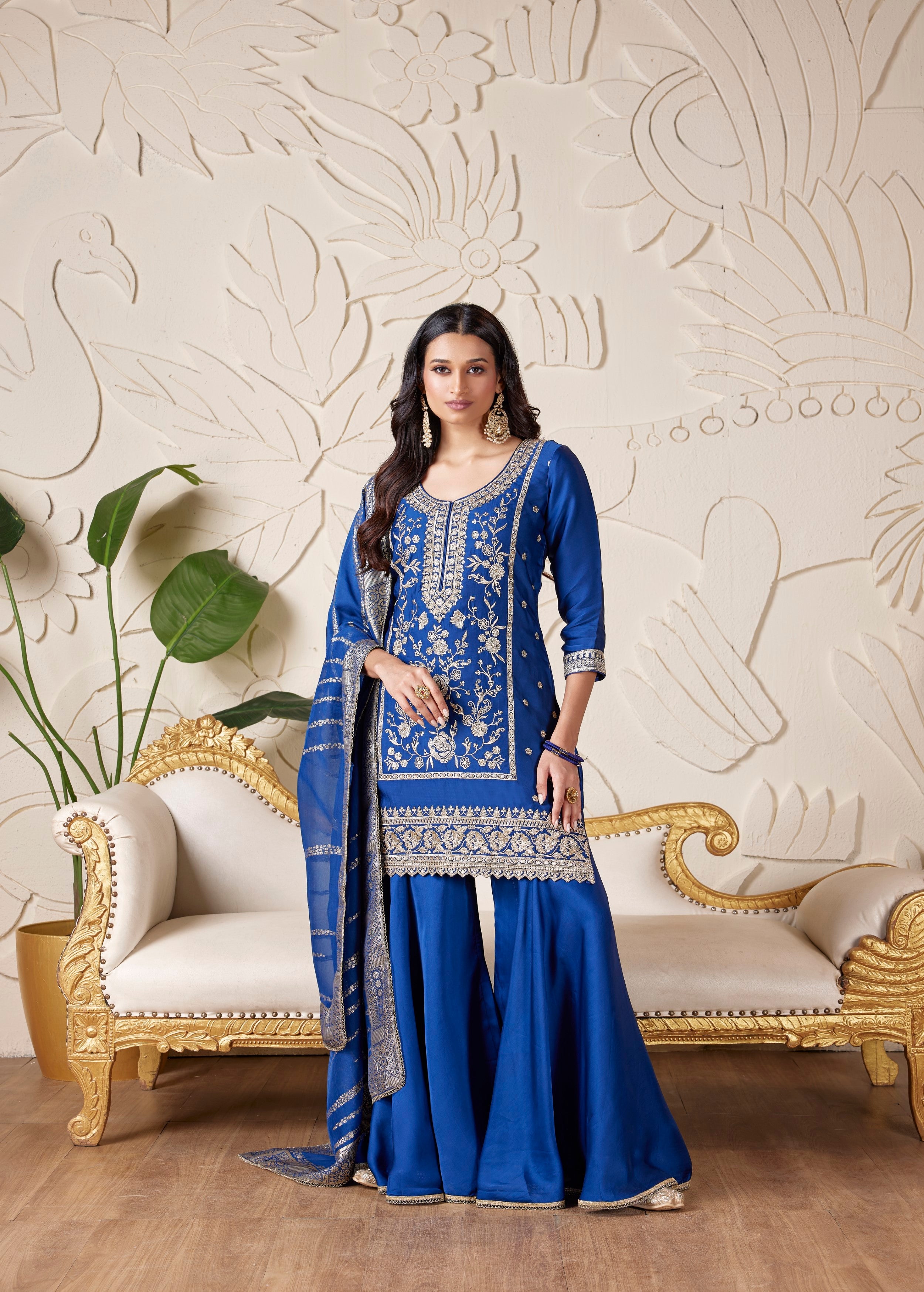 Royal Blue Embellished Premium Silk Palazzo Set