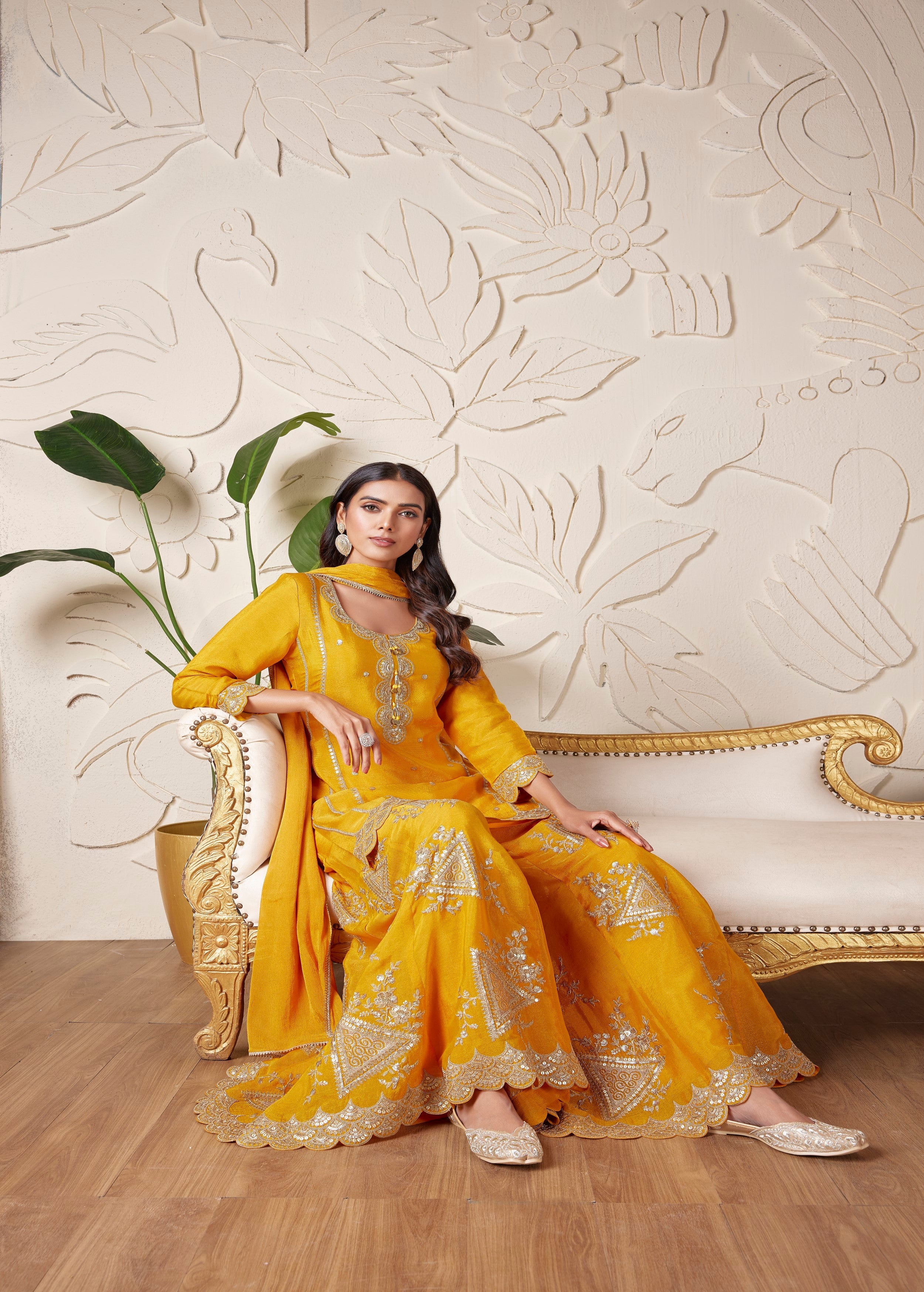 Marigold Yellow Embellished Premium Silk Palazzo Set
