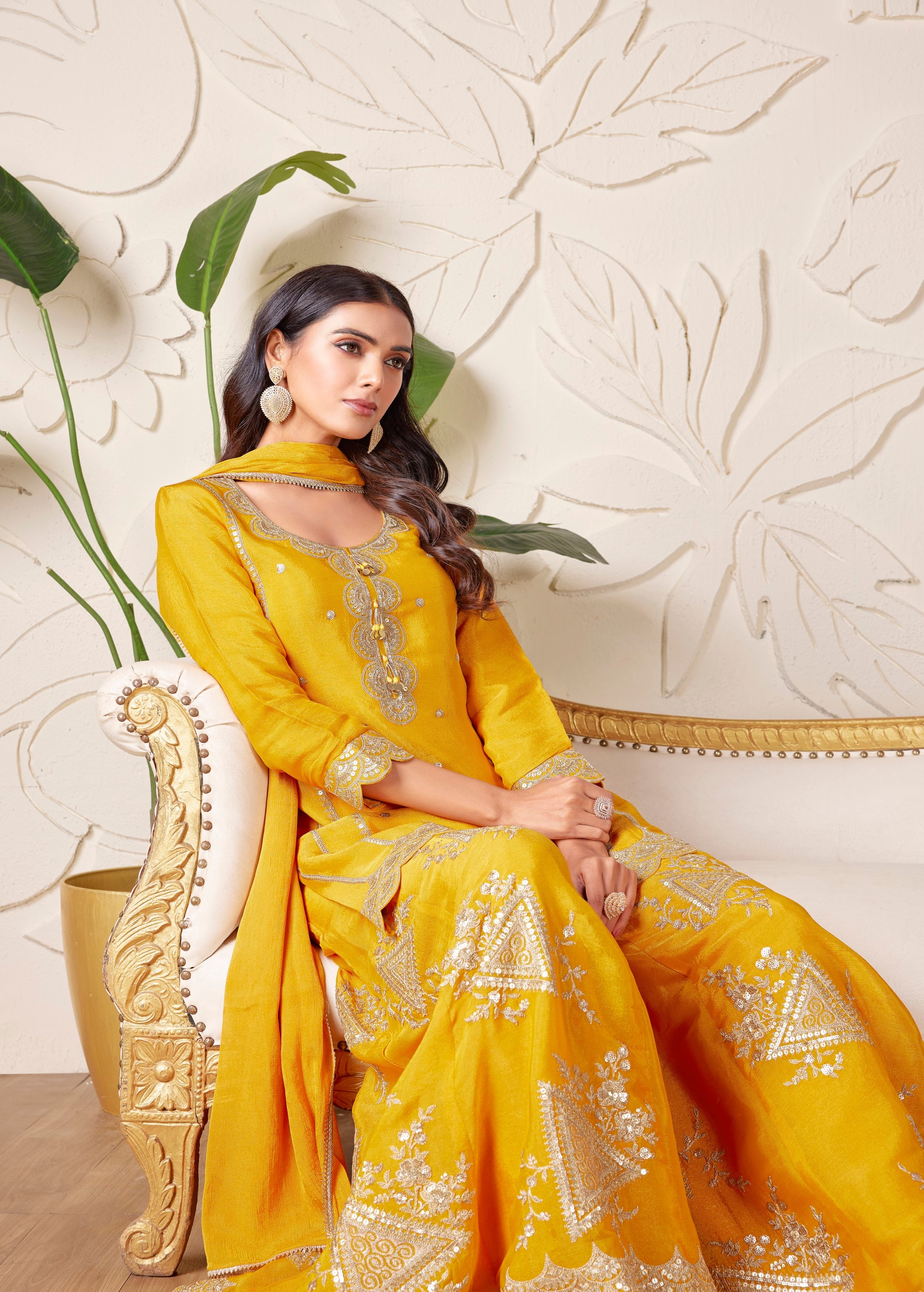 Marigold Yellow Embellished Premium Silk Palazzo Set