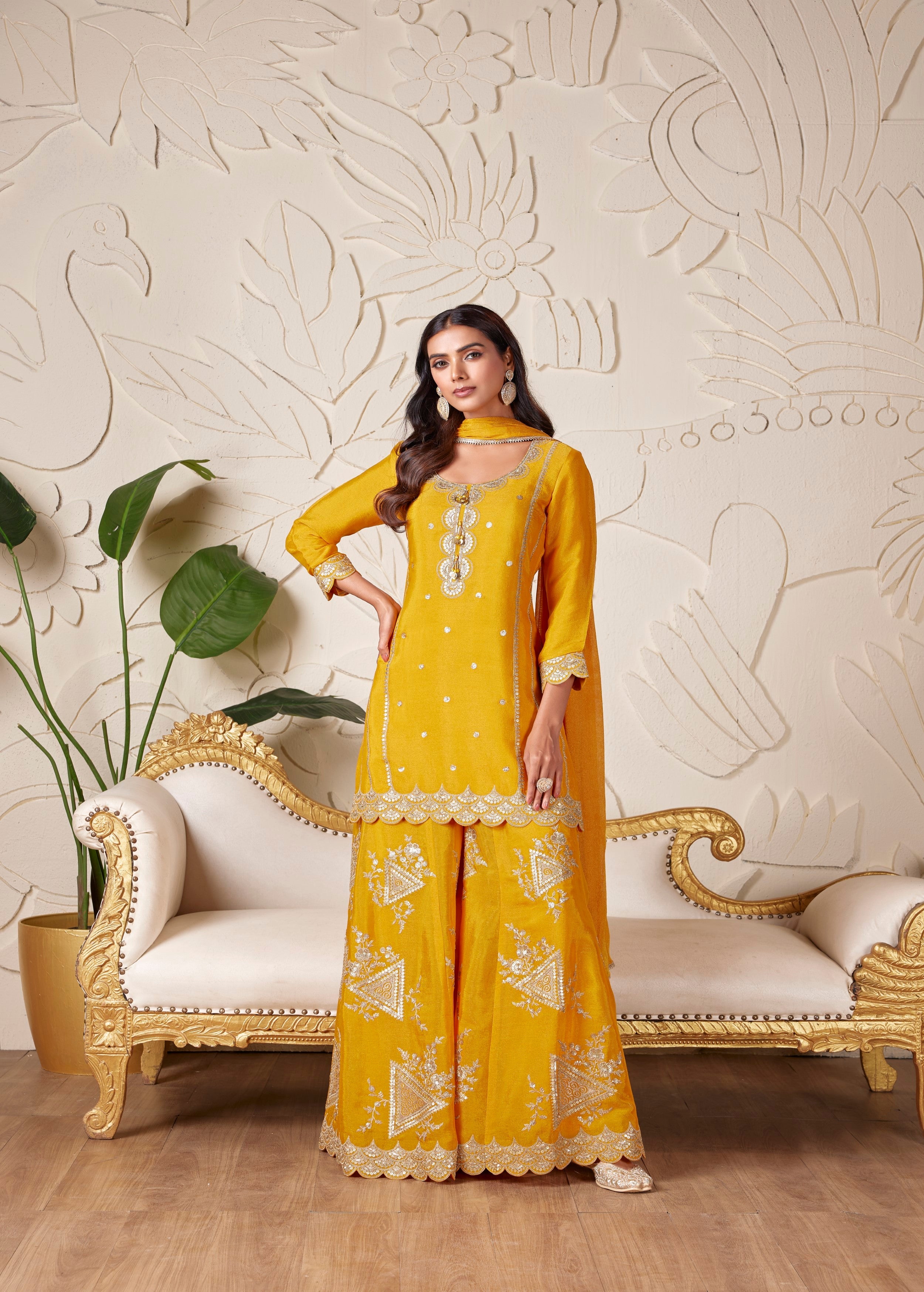 Marigold Yellow Embellished Premium Silk Palazzo Set