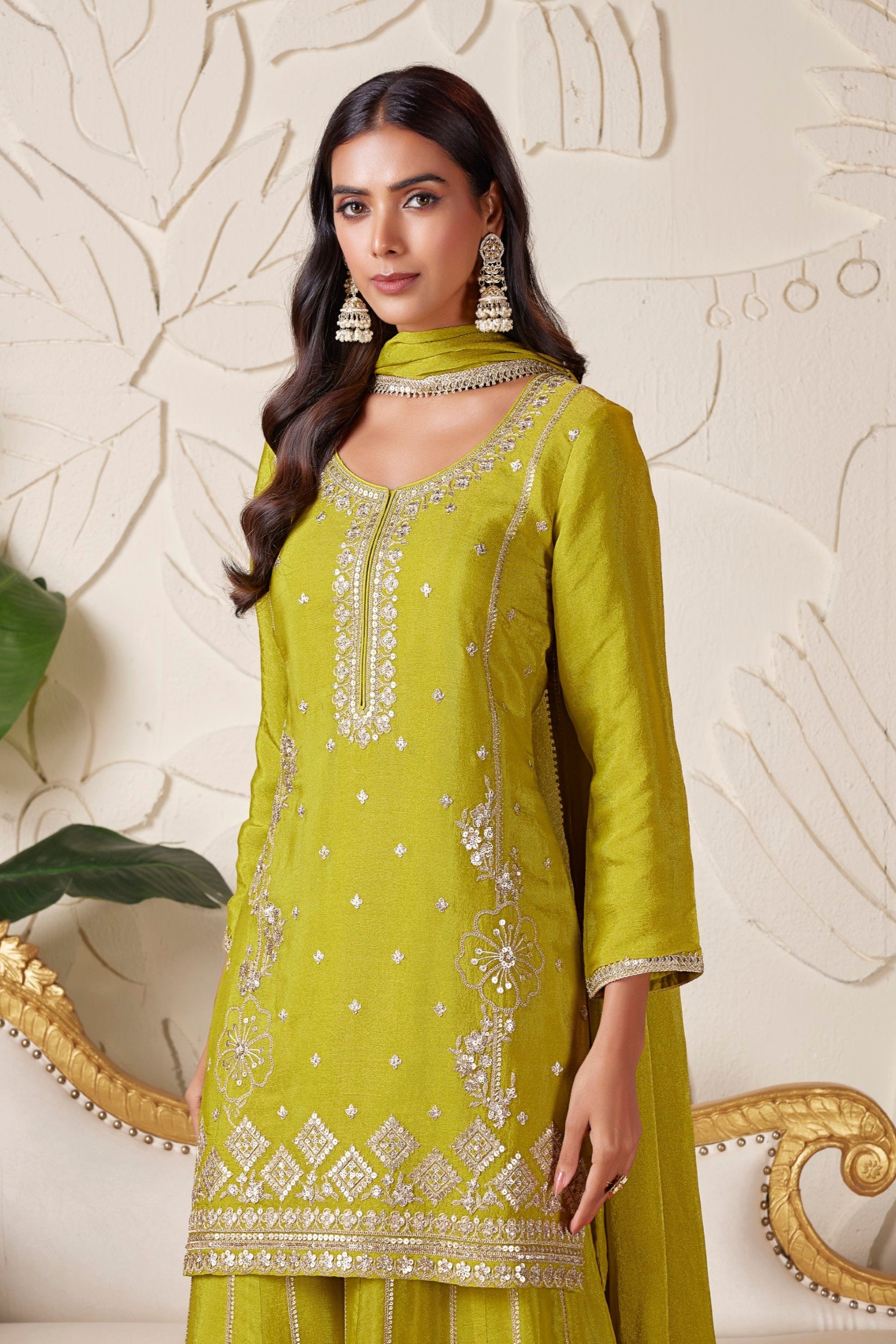 Lime Green Embellished Shimmer Tissue Silk Palazzo Set