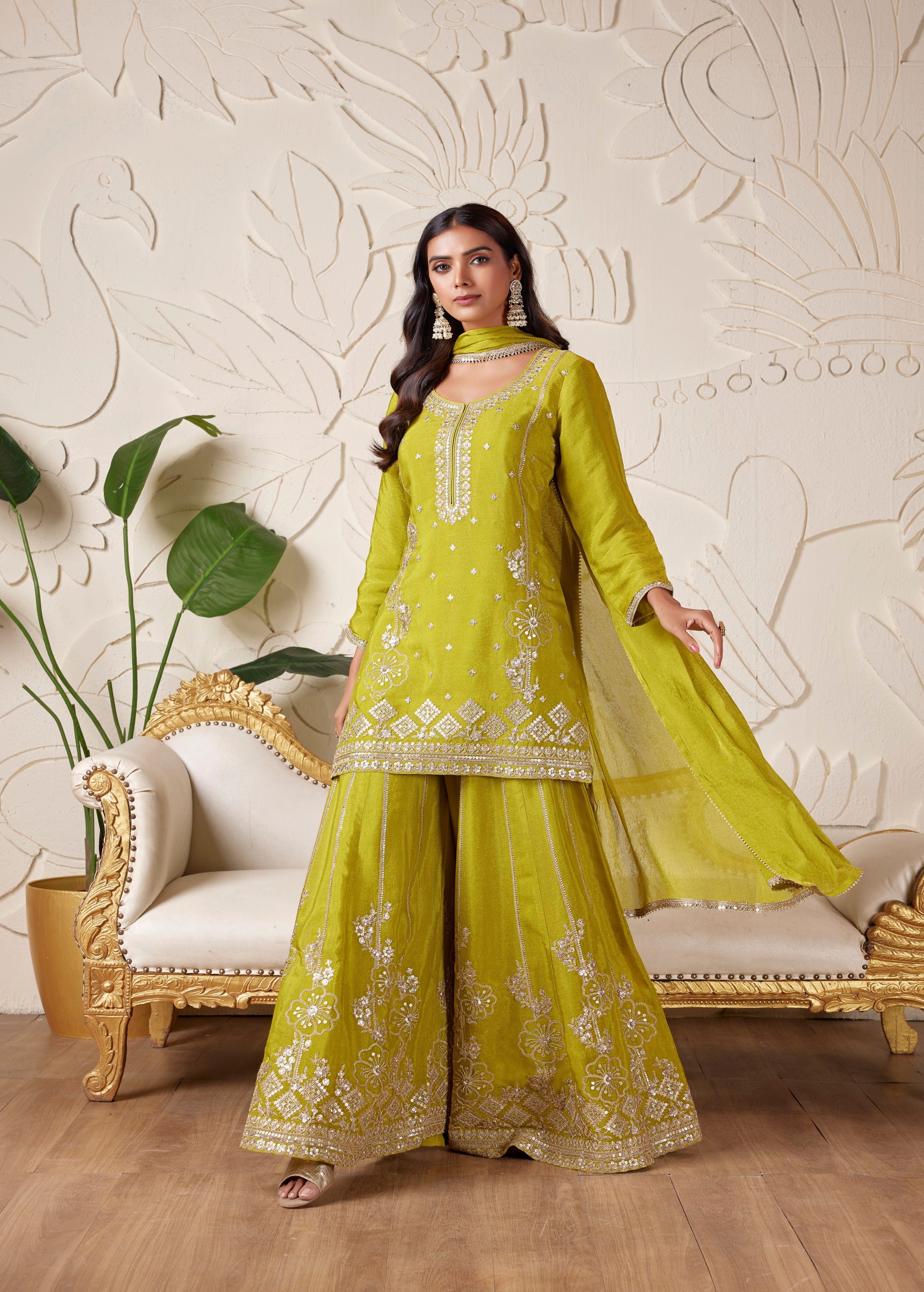 Lime Green Embellished Shimmer Tissue Silk Palazzo Set