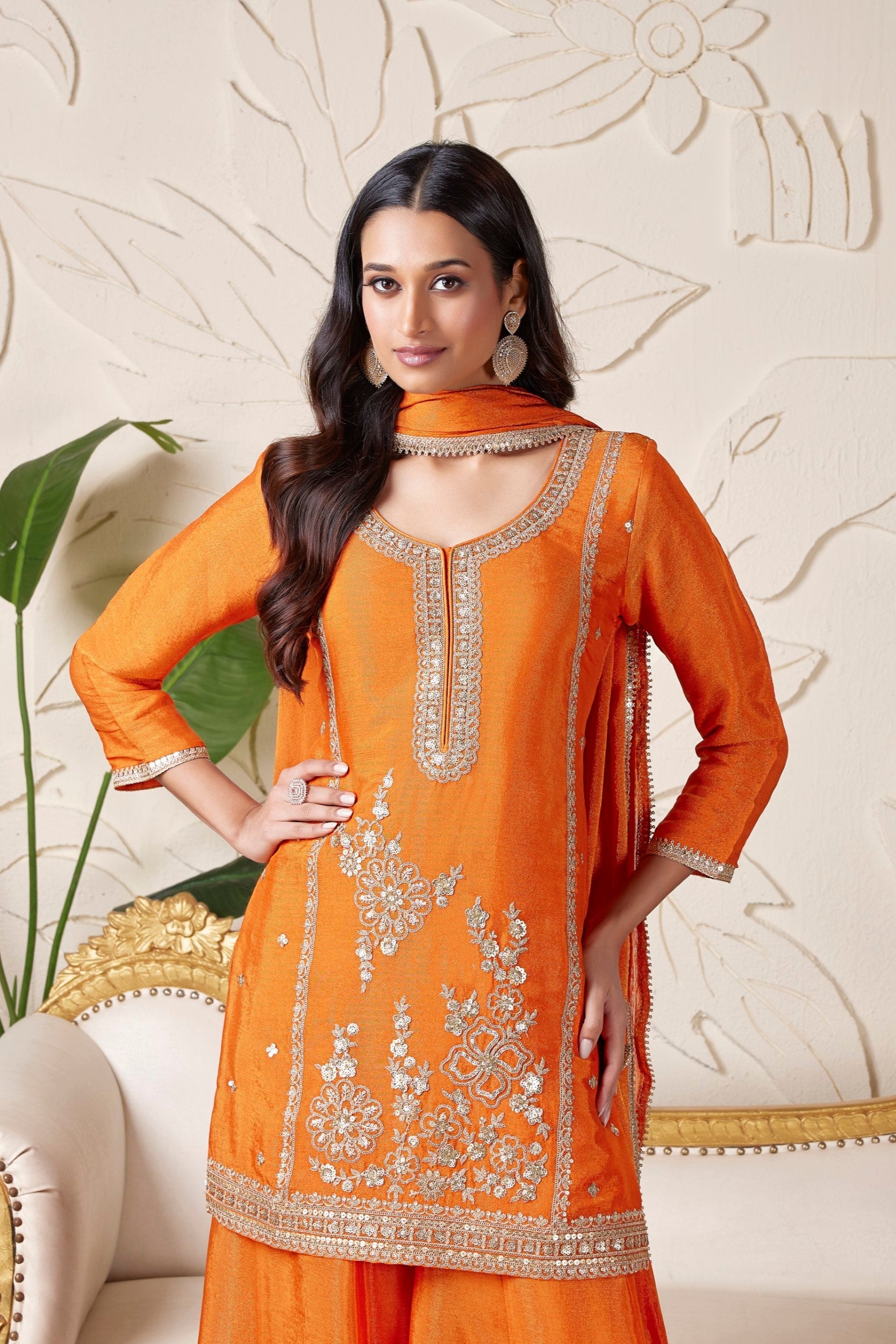 Saffron Orange Embellished Shimmer Tissue Silk Palazzo Set