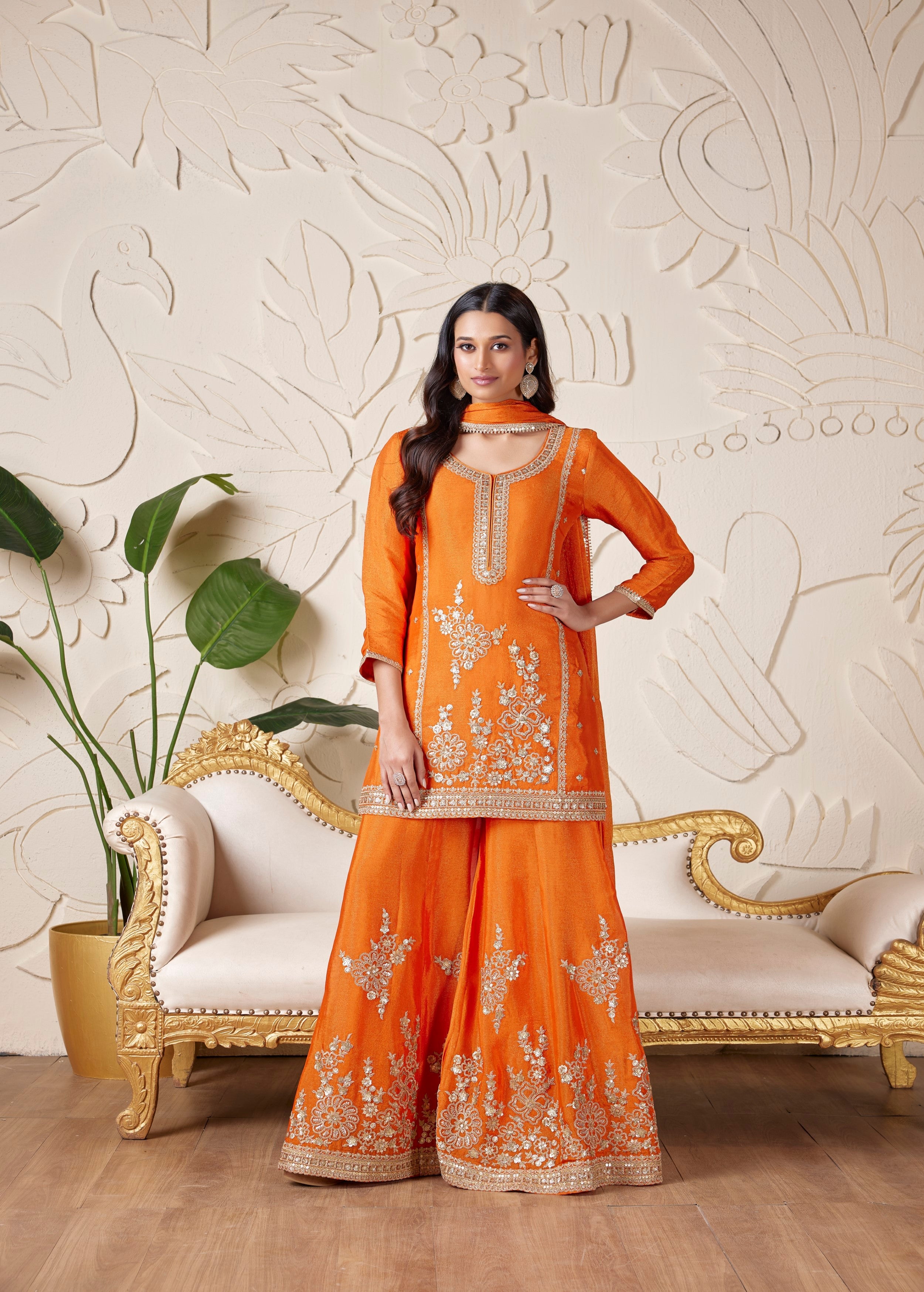 Saffron Orange Embellished Shimmer Tissue Silk Palazzo Set