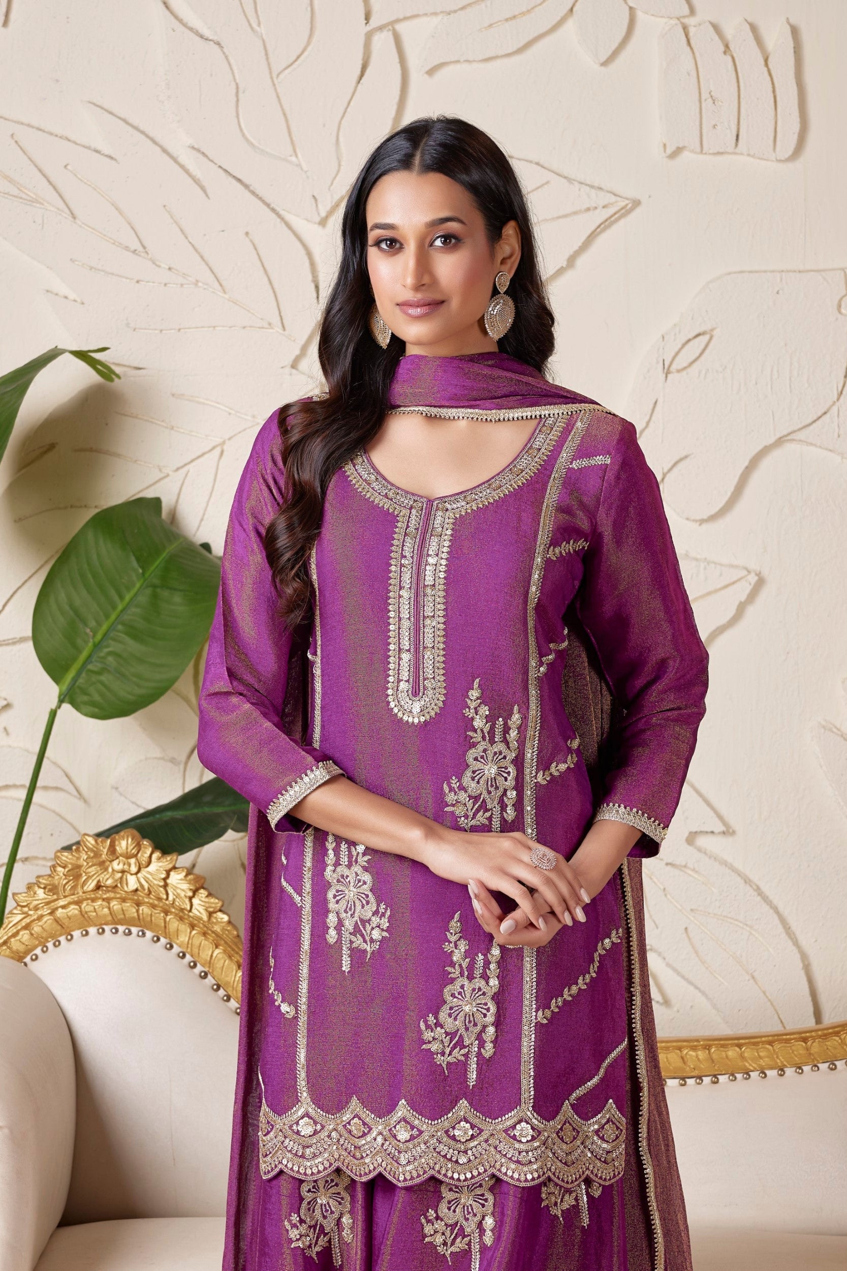 Plum Purple Embellished Shimmer Tissue Silk Palazzo Set