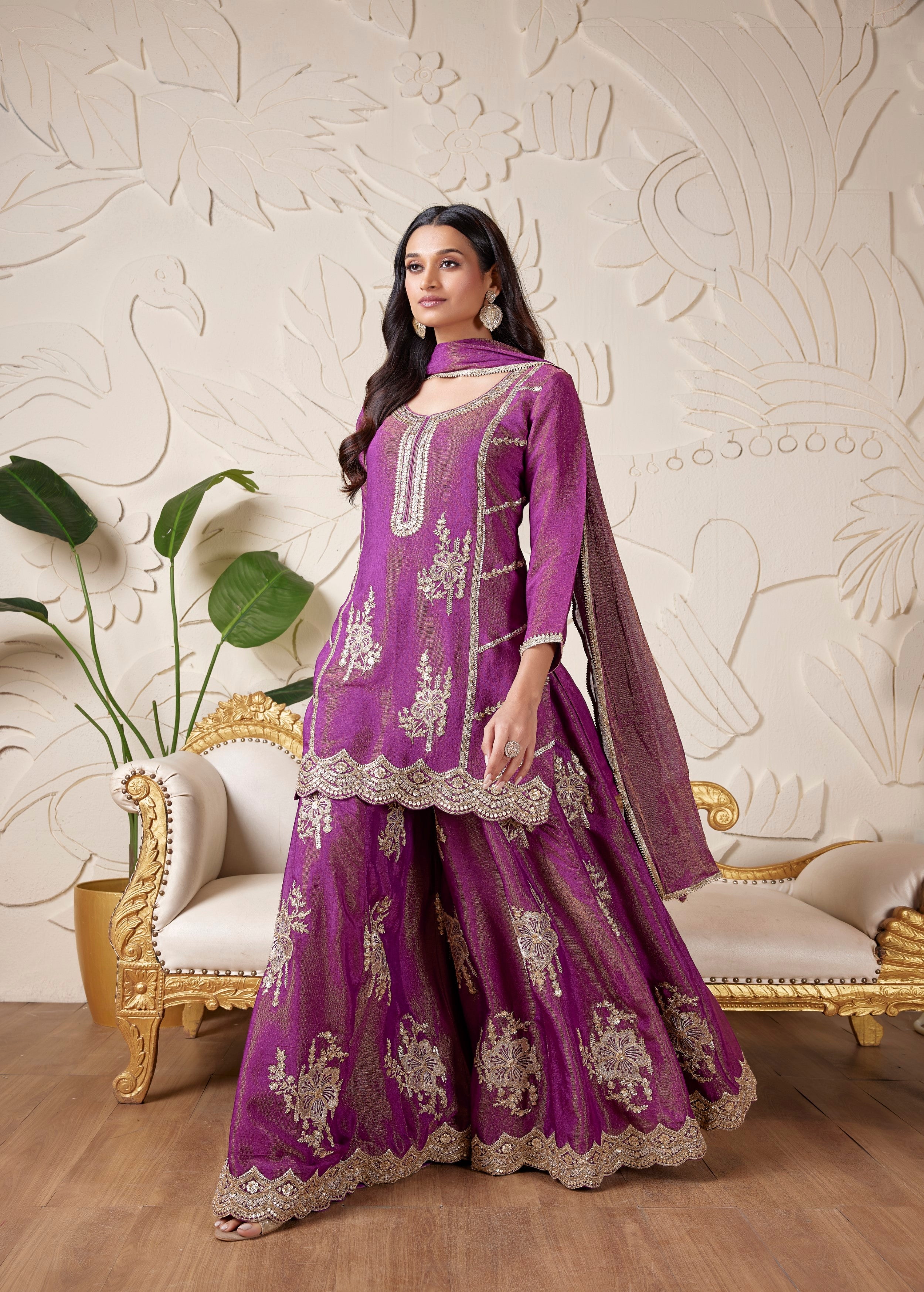 Plum Purple Embellished Shimmer Tissue Silk Palazzo Set