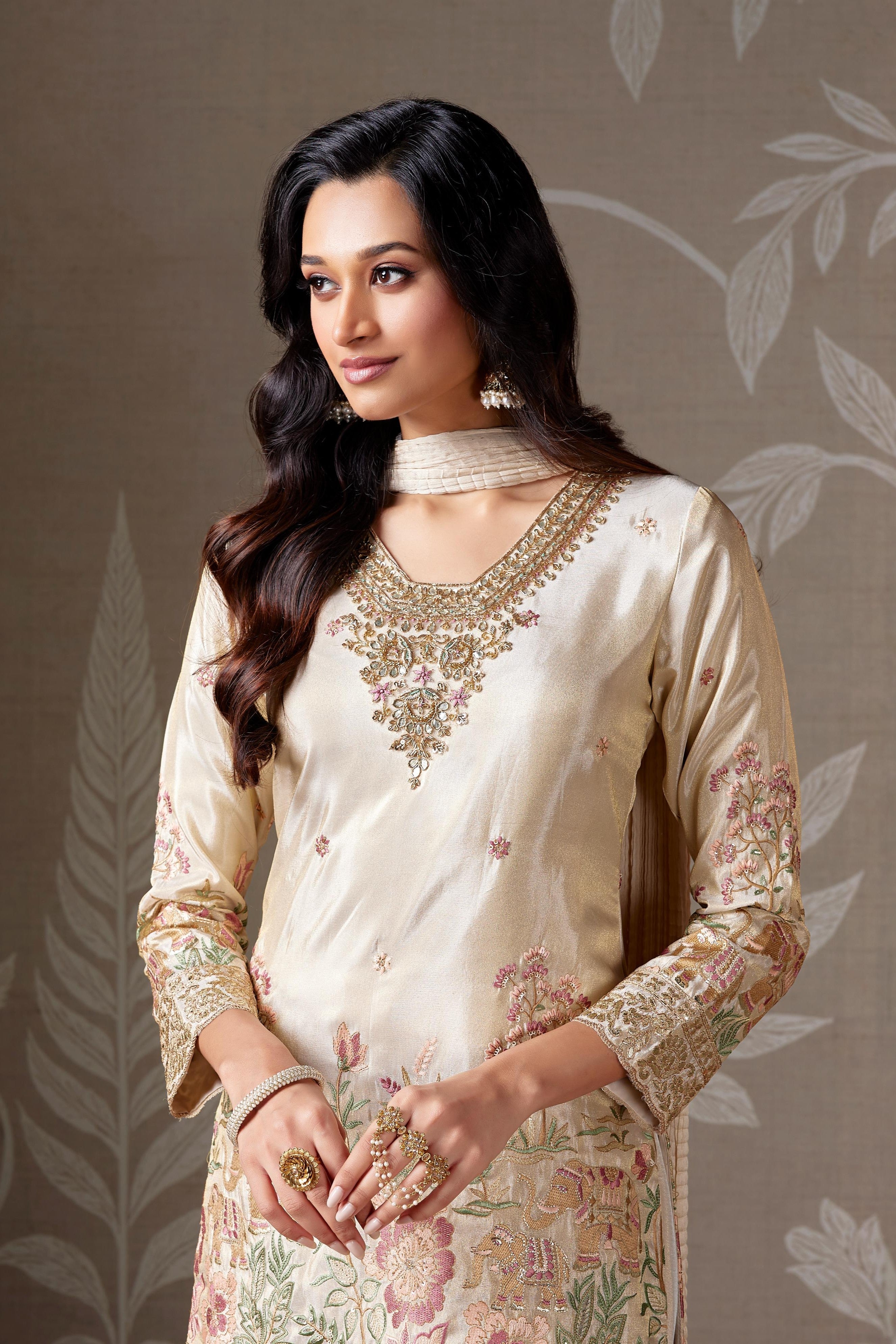 Ivory Embellished Chinon Silk Sharara Set