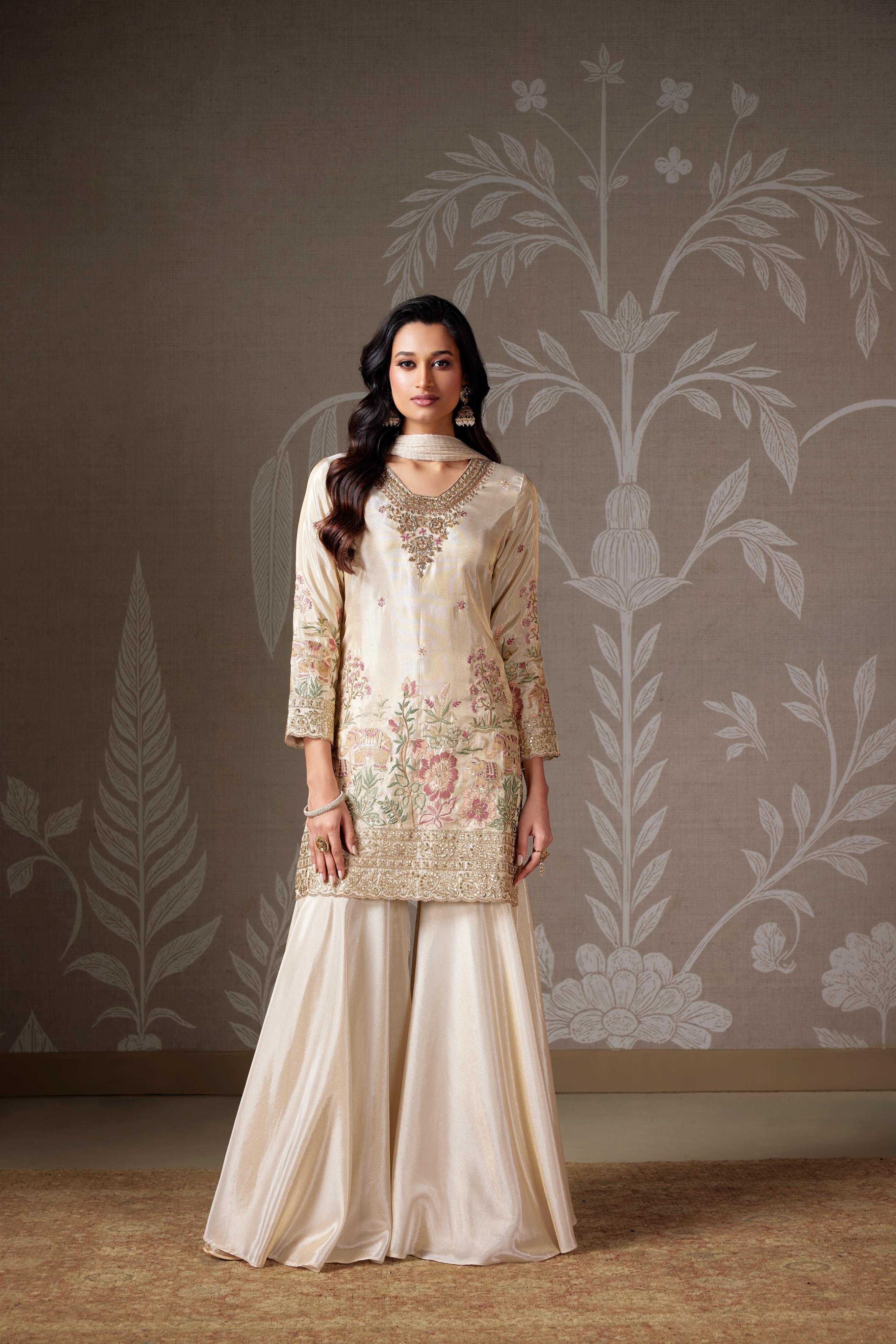 Ivory Embellished Chinon Silk Sharara Set