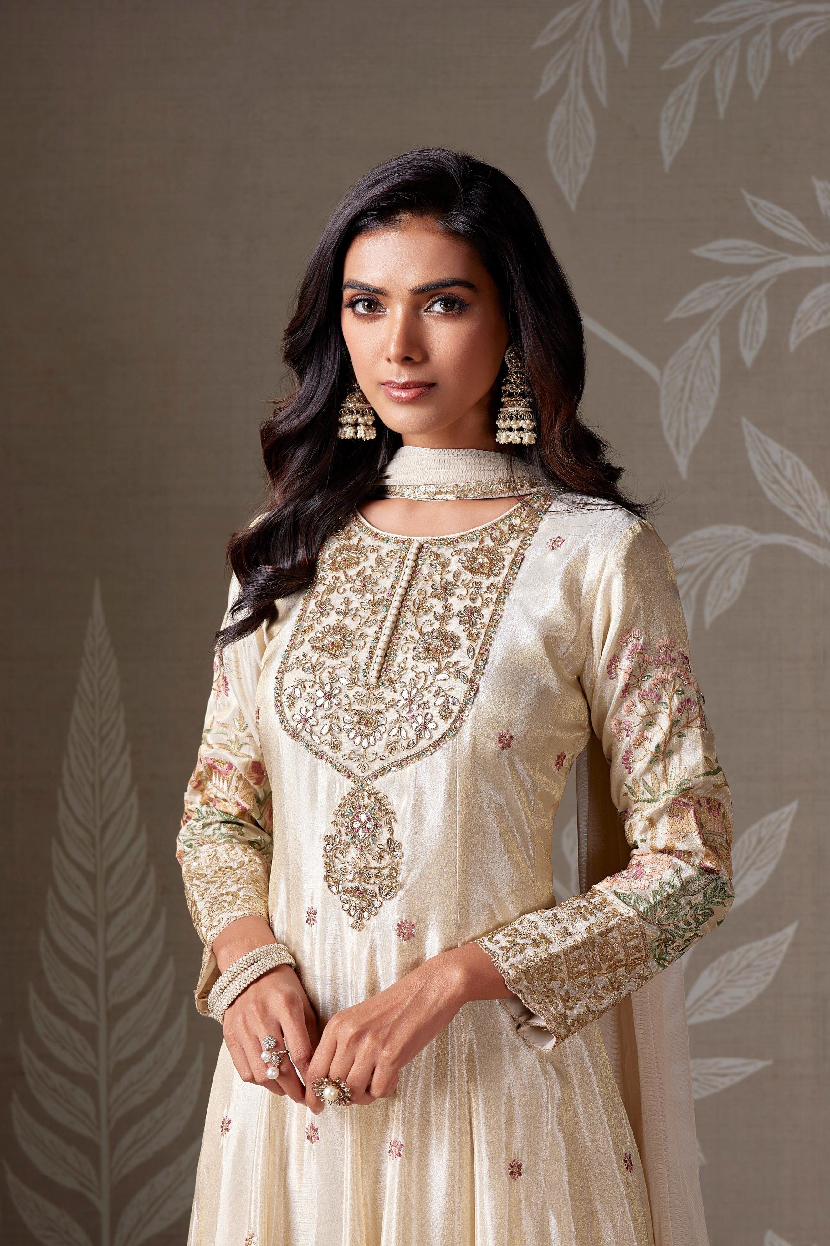 Ivory Embellished Chinon Silk Anarkali Set