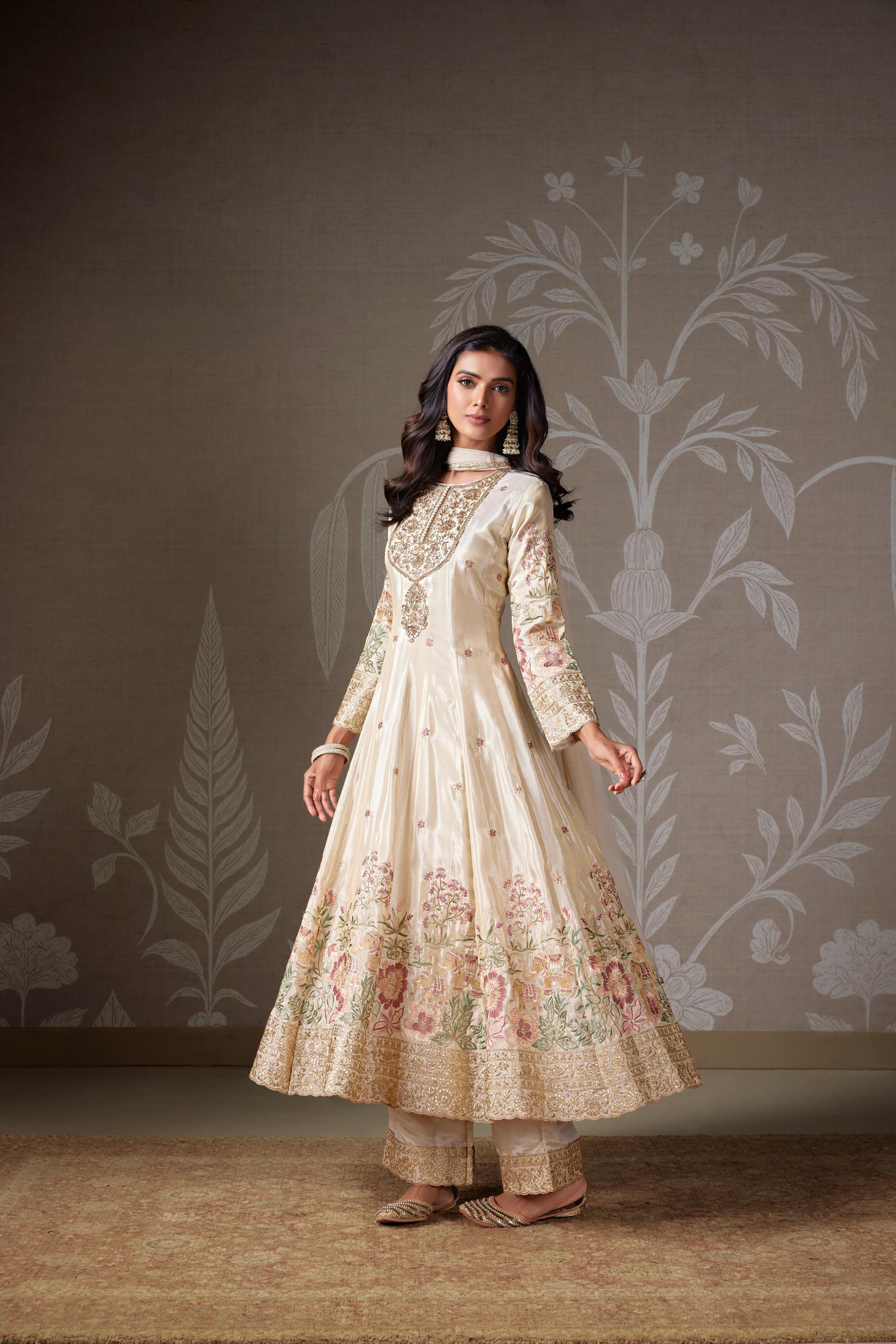 Ivory Embellished Chinon Silk Anarkali Set