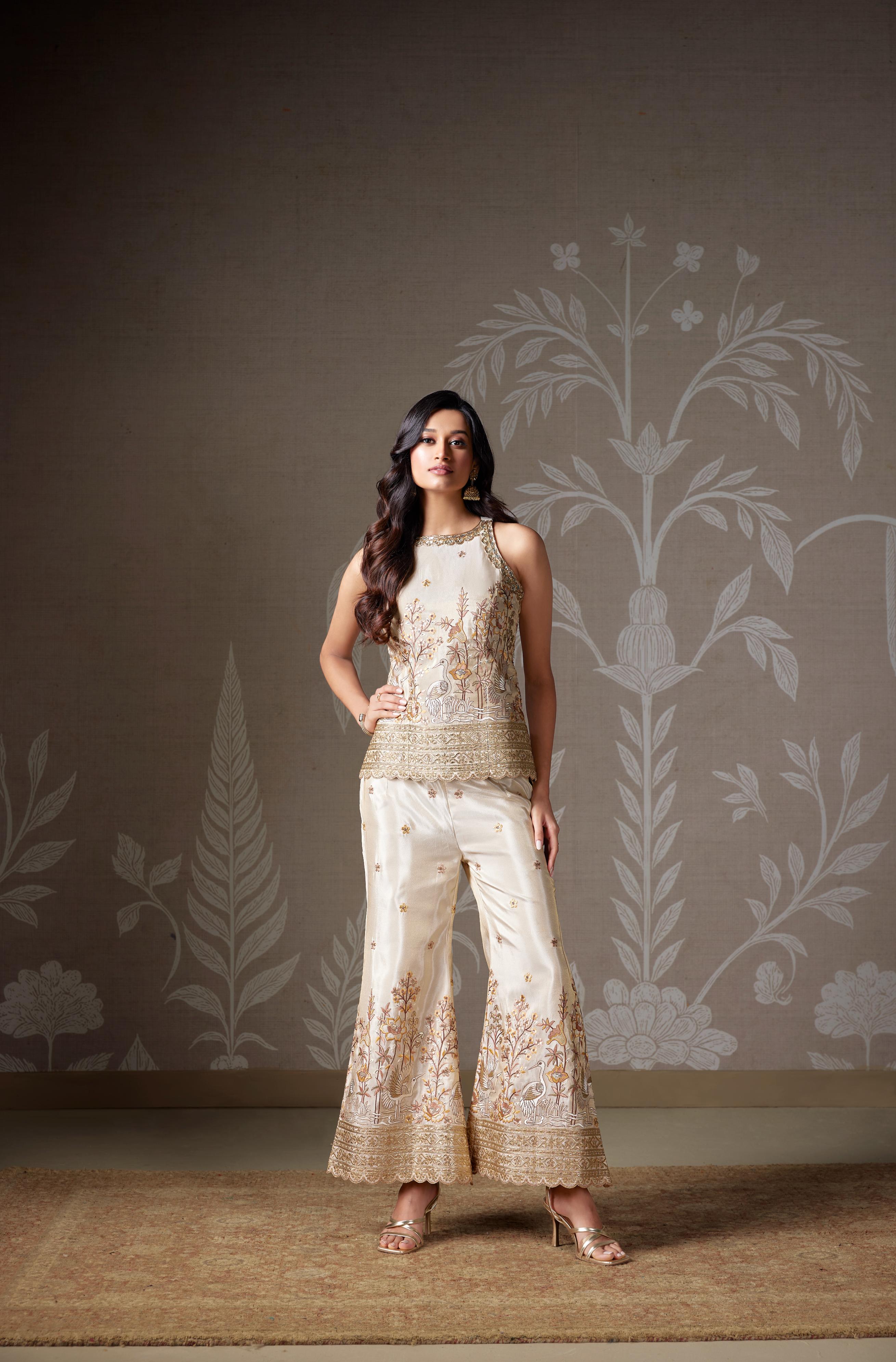 Ivory Chinon Silk Embroidered Co-Ord Set